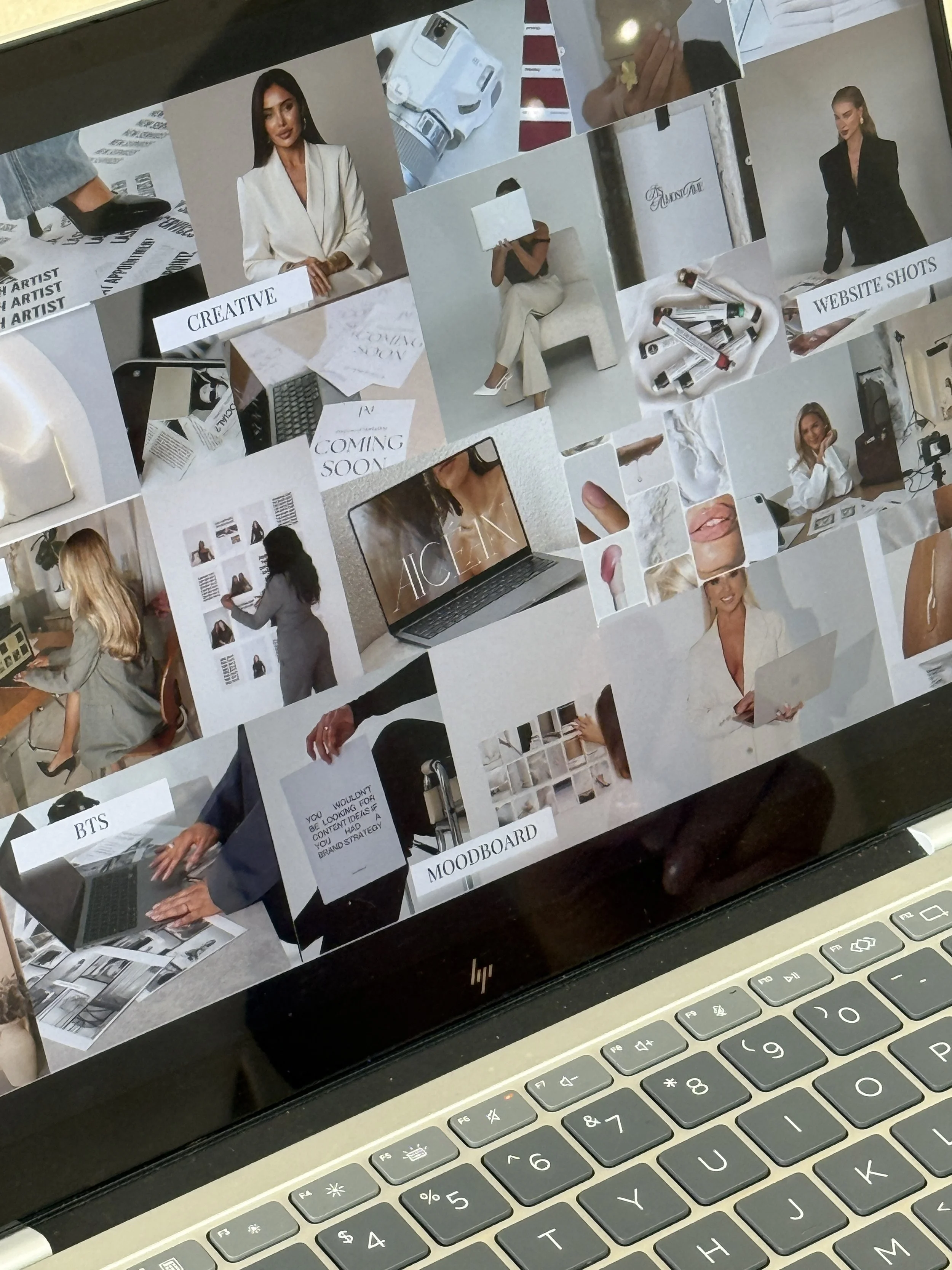 Collage of various photos including women, laptops, clothing, and makeup products, with labels such as 'CREATIVE,' 'WEBSITE SHOTS,' 'MOODBOARD,' and 'COMING SOON'.