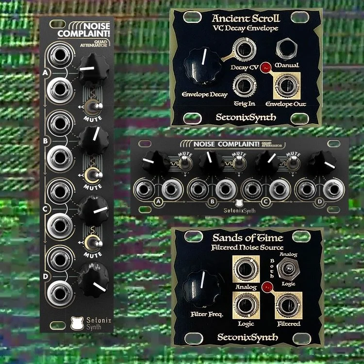 New modules from @setonixsynth now in our shop!  We have added the wonderful Ancient Scroll and Sands of Time 1U tools to our roster, along with both versions of Noise Complaint with the new @isobar.industries faceplate design!
Gettem while you can!