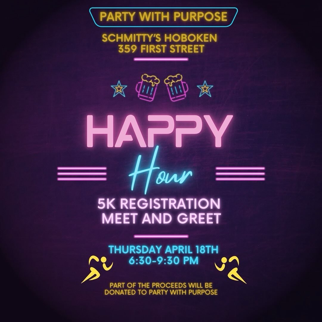 Join us on Thursday night at @schmittys_hoboken starting at 6:30 for happy hour and learn about our upcoming 5k.  Special discount to runners who sign up on Thursday!  Invite your friends, part of the proceeds from Thursday will be donated to @party.