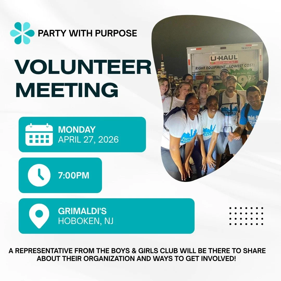 Join us for the Party With Purpose (PWP) Monthly Volunteer Meeting on Monday, April 27, at 7:00 PM, hosted upstairs at Grimaldi&rsquo;s. 
This is a great opportunity to connect with fellow volunteers, hear updates on our impact, and learn about upcom
