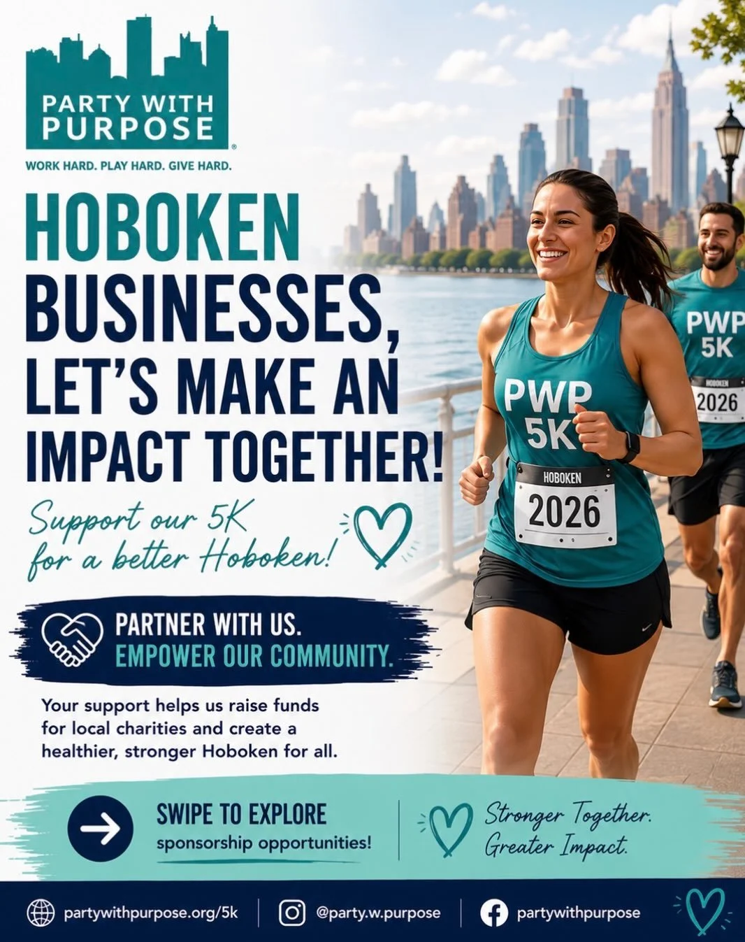 🏃&zwj;♀️ LOCAL BUSINESSES OF HOBOKEN &mdash; WE NEED YOU! 💙

Want to make a real impact in our community while getting your business in front of hundreds of local runners, families, and supporters?

Sponsor the Party With Purpose 5K + After Party a