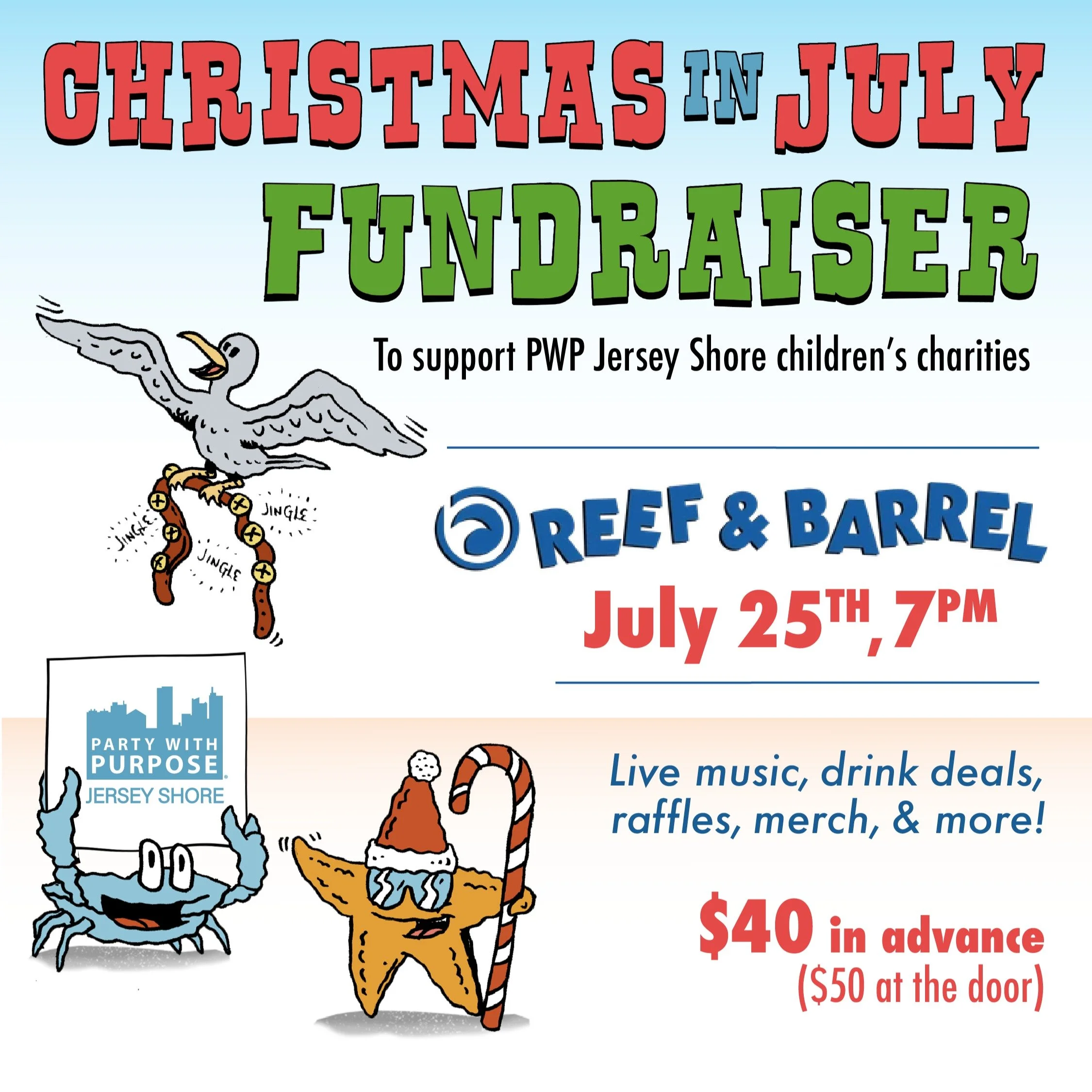 Welcome Summer!

Mark your calendars for July 25 and join us for PWP Jersey Shore&rsquo;s 3rd Annual Christmas in July Fundraiser! 

This year we're offering more fun perks, including custom koozies, hats, sponsorships &amp; more. So secure your tick
