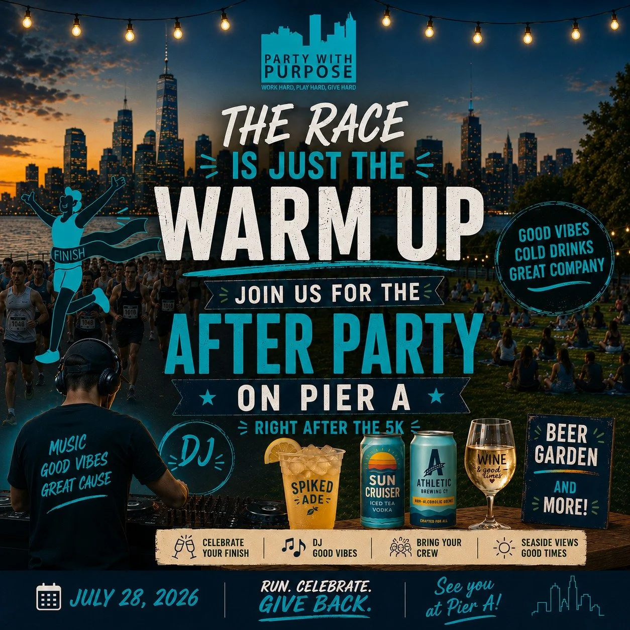 🏃&zwj;♂️ THE RACE IS JUST THE WARM UP 🍻🎶

Join Party With Purpose for an unforgettable day on the waterfront!
Run the PWP 5K, then head over to the AFTER PARTY on Pier A in Hoboken with incredible NYC skyline views, DJ vibes, drinks, and great peo