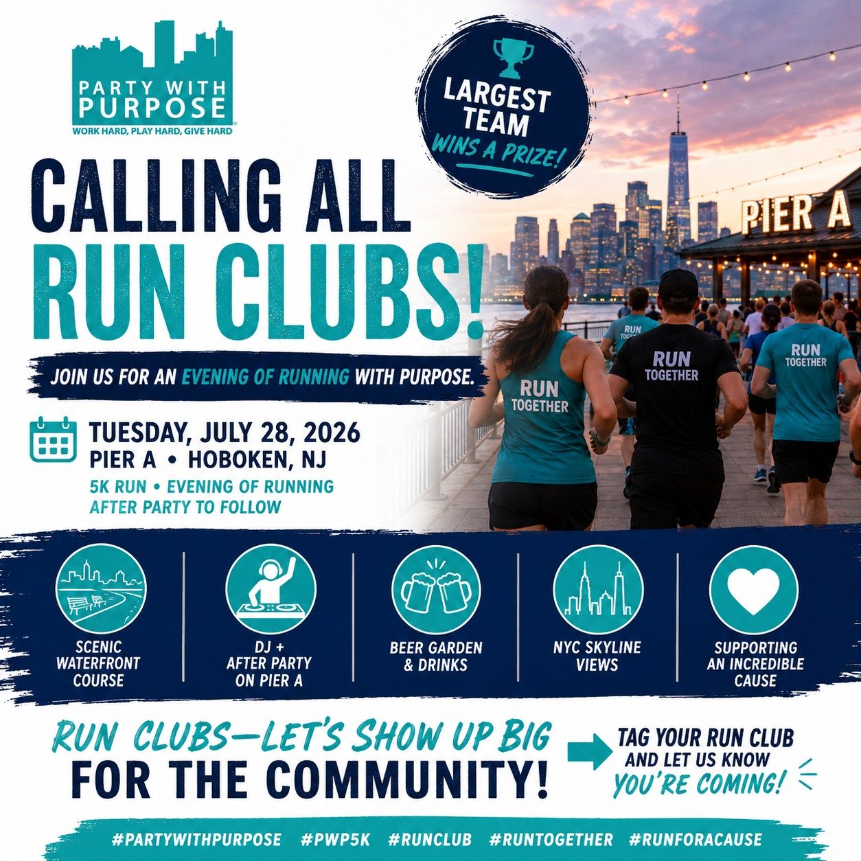 🏃&zwj;♀️🏃&zwj;♂️ CALLING ALL LOCAL RUN CLUBS! 🏃&zwj;♂️🏃&zwj;♀️ 

We want YOU at the Party With Purpose 5K! Grab your crew, throw on your club gear, and join us on July 28, 2026, at Pier A in Hoboken for an amazing morning of running, community, a