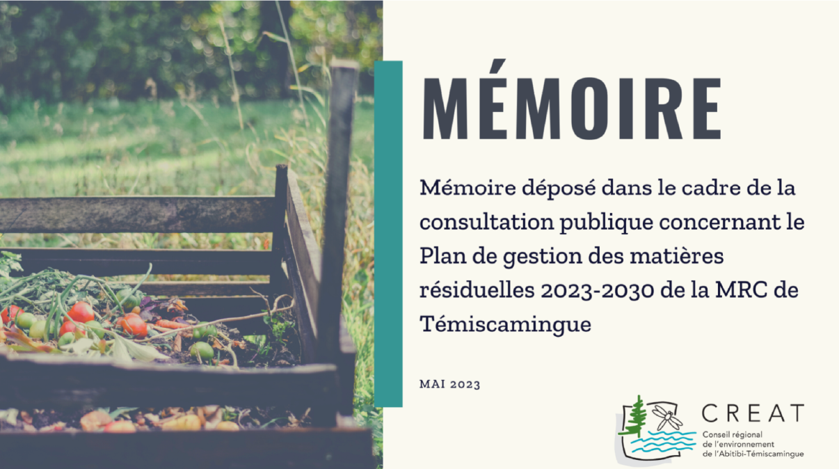 Mémoire déposé dans le cadre de la consultation publique concernant le Plan de gestion des matières résiduelles 2023-2030 de la MRC de Témiscamingue