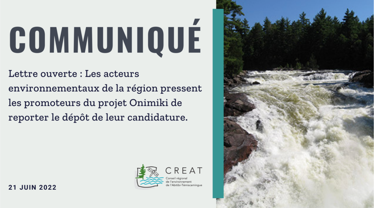 Lettre ouverte : Les acteurs environnementaux de la région pressent les promoteurs du projet Onimiki de reporter le dépôt de leur candidature