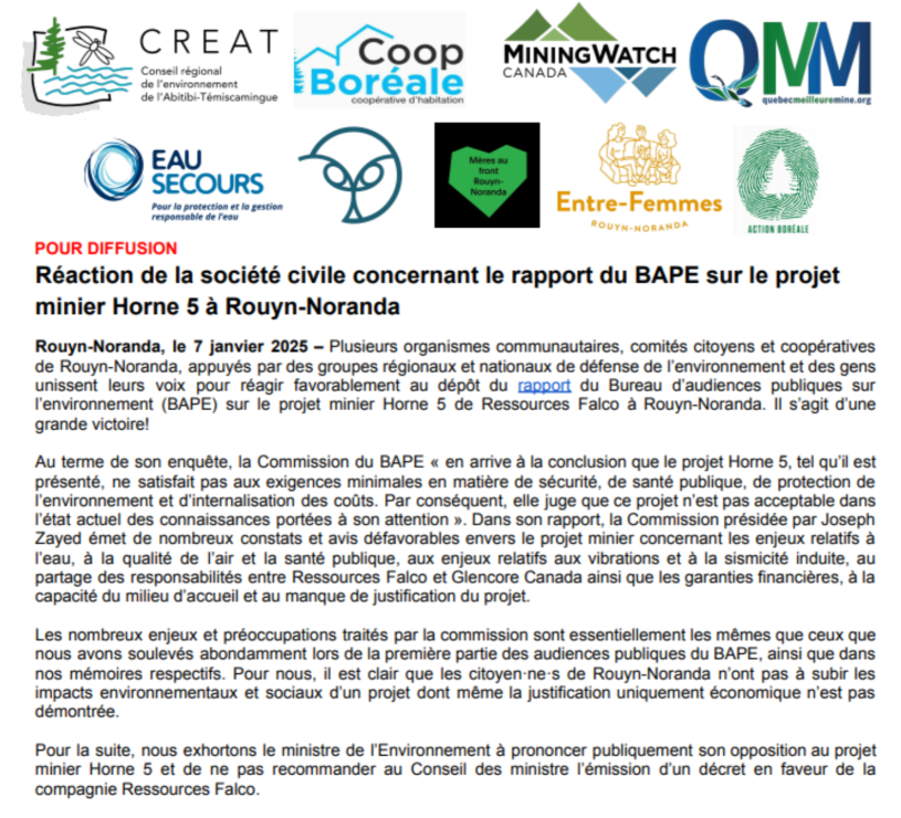 Communiqué | Réaction de la société civile concernant le rapport du BAPE sur le projet minier Horne 5 à Rouyn-Noranda