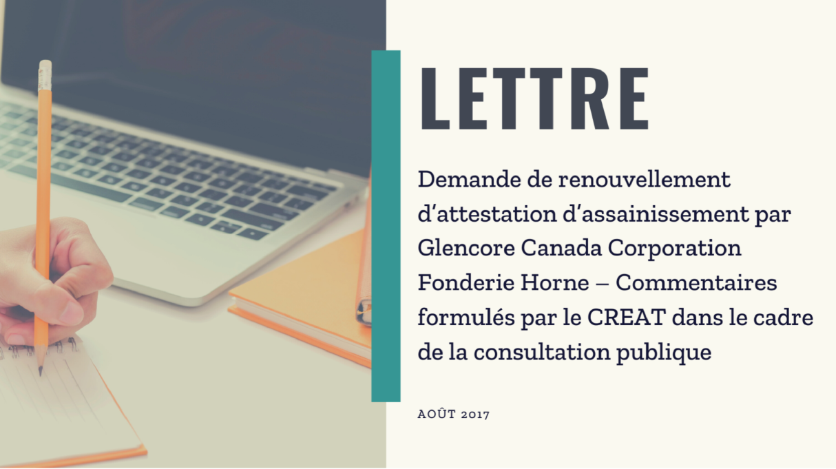 Demande de renouvellement d’attestation d’assainissement par Glencore Canada Corporation Fonderie Horne 