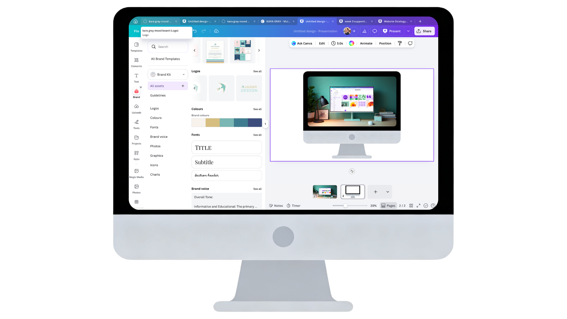 Canva Brand Kit panel showing saved brand colours, fonts and uploaded logo files