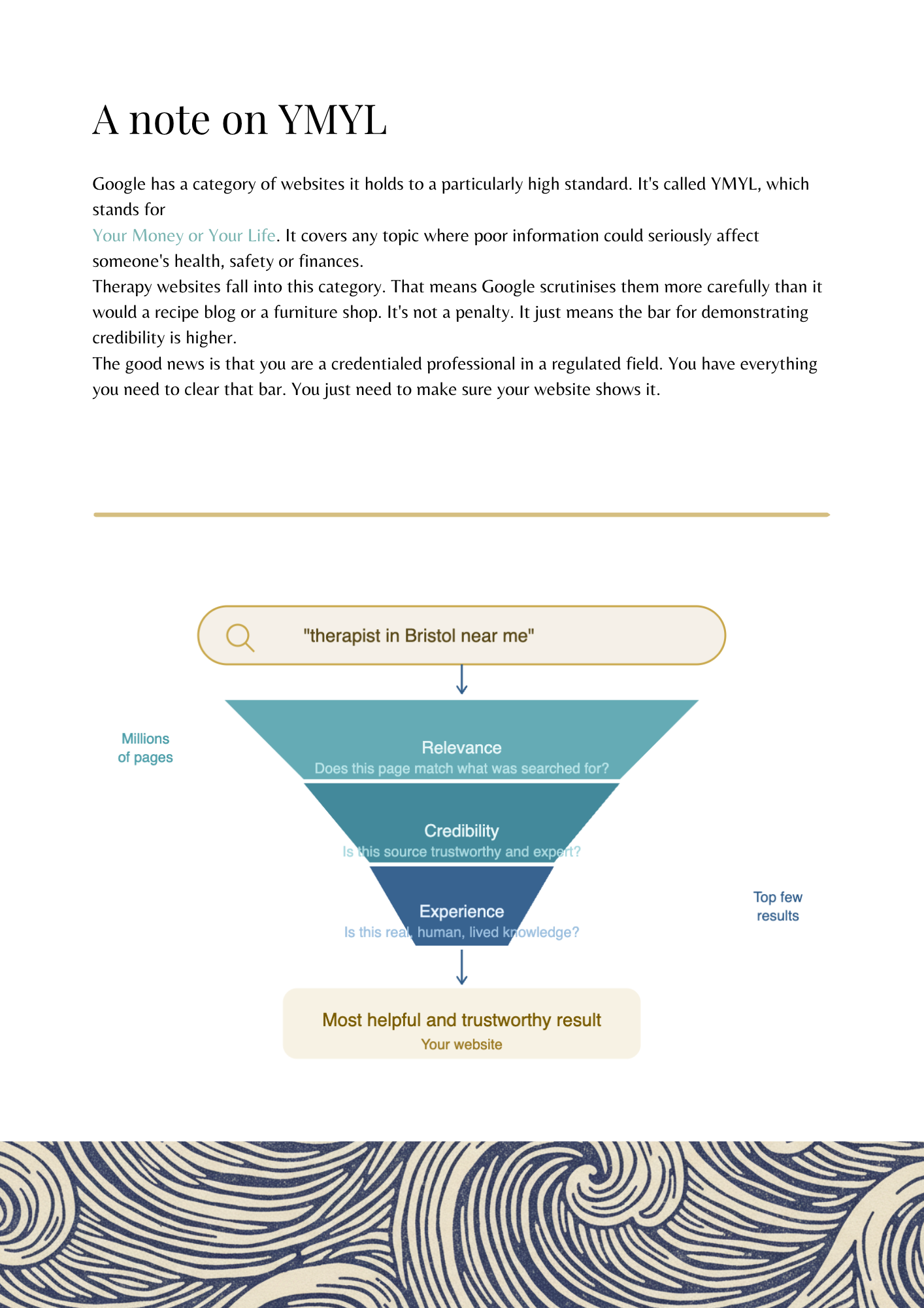 Inside page of the Visible and Trusted SEO guide showing a search funnel diagram explaining how Google ranks websites