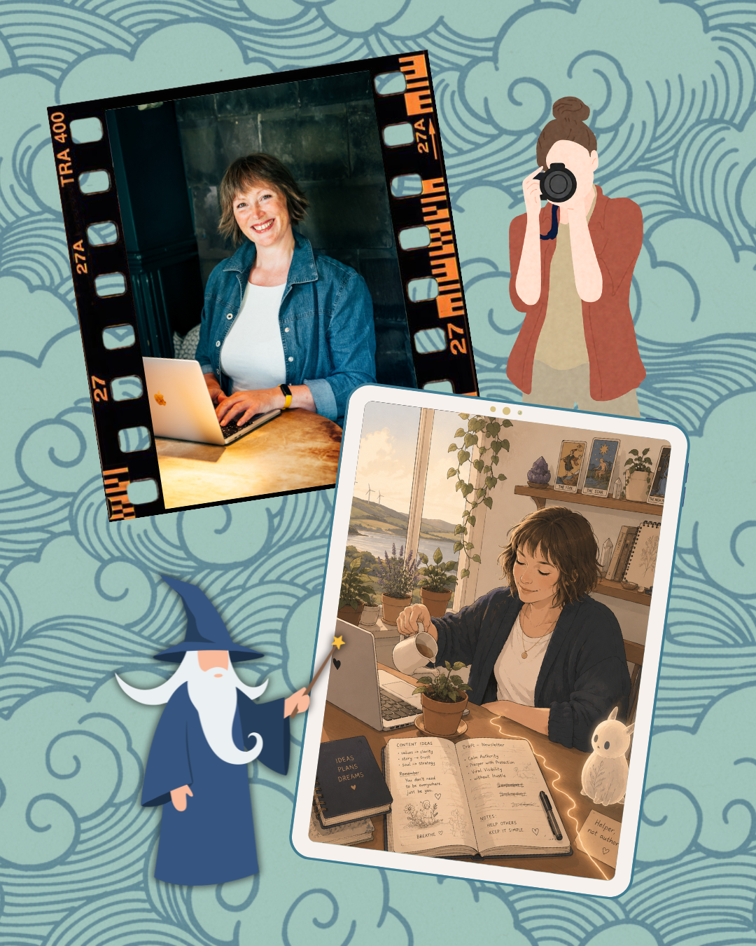 Emily Jagger of Jaggerdesign, real photo alongside a Ghibli-style illustration of her working with AI