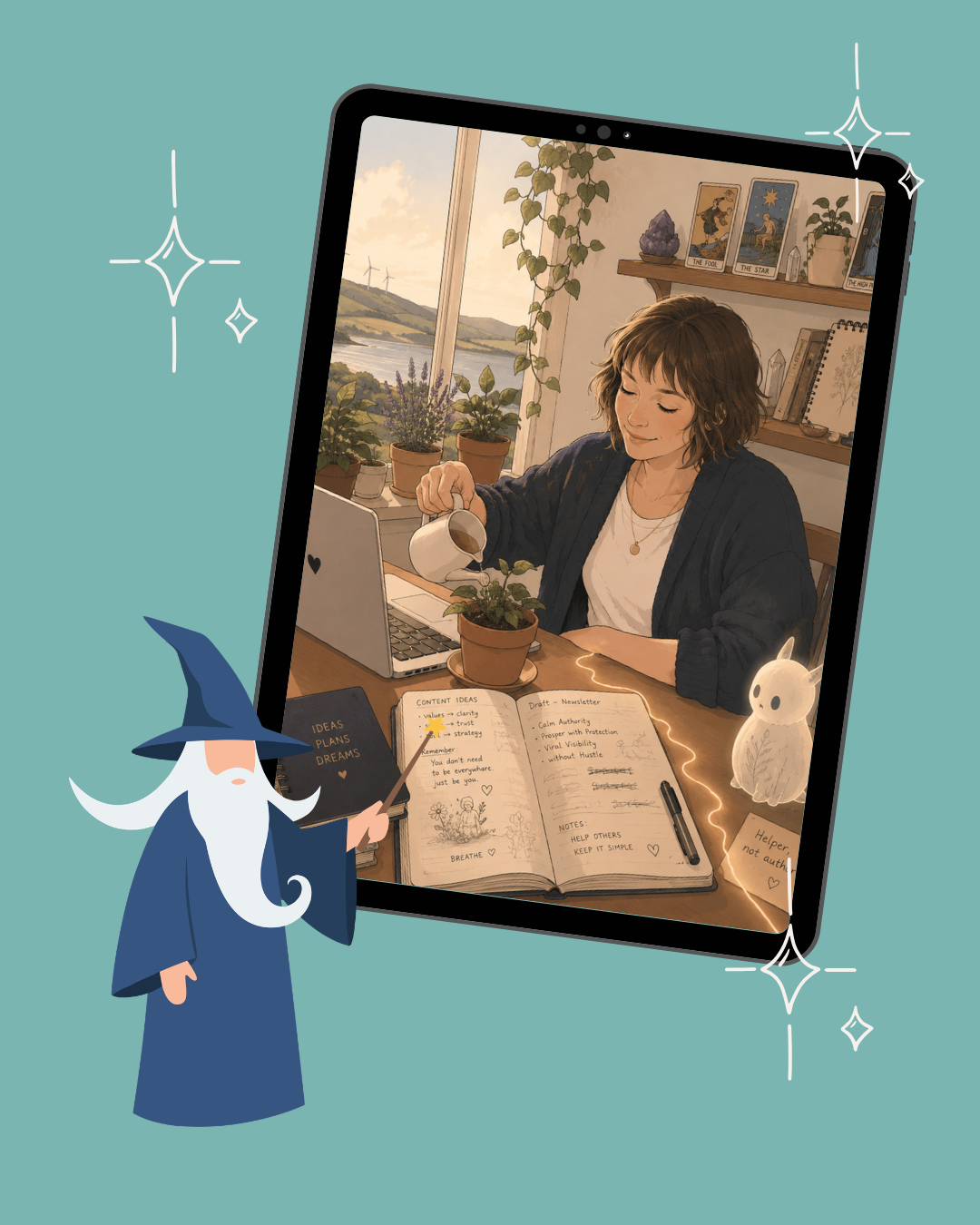 Ghibli-style Ai-illustration of Emily Jagger working with AI tools, tarotGhibli-style illustration of Emily Jagger working with AI tools, tarot cards and plants on the desk cards and plants on the desk