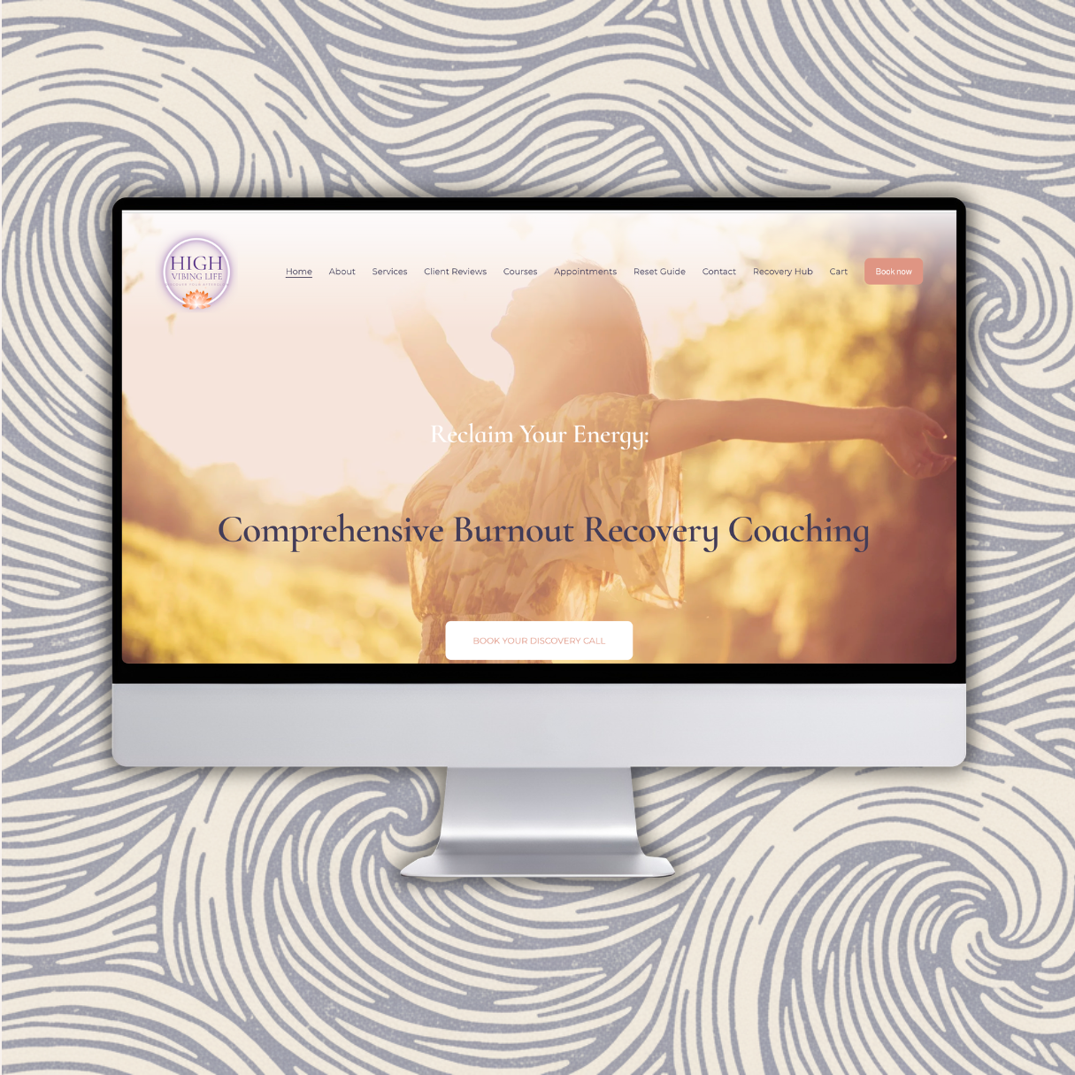 A graphic showing a computer with a beautiful website open for a business called High Vibing life, designed by Emily Jagger