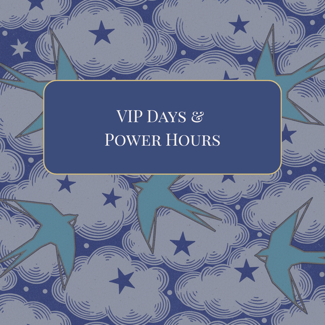 Decorative background with clouds, stars, and shooting stars, with a central navy box containing the text 'VIP Days & Power Hours' in white.