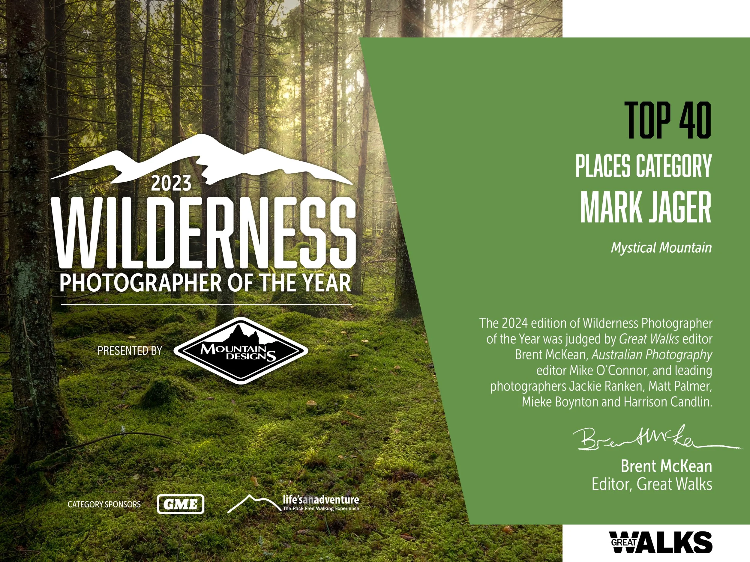 A forest scene with sunlight filtering through tall trees and green moss covering the ground. Overlaid text celebrating wilderness photography and the top 40 places category, with winners and sponsors listed.