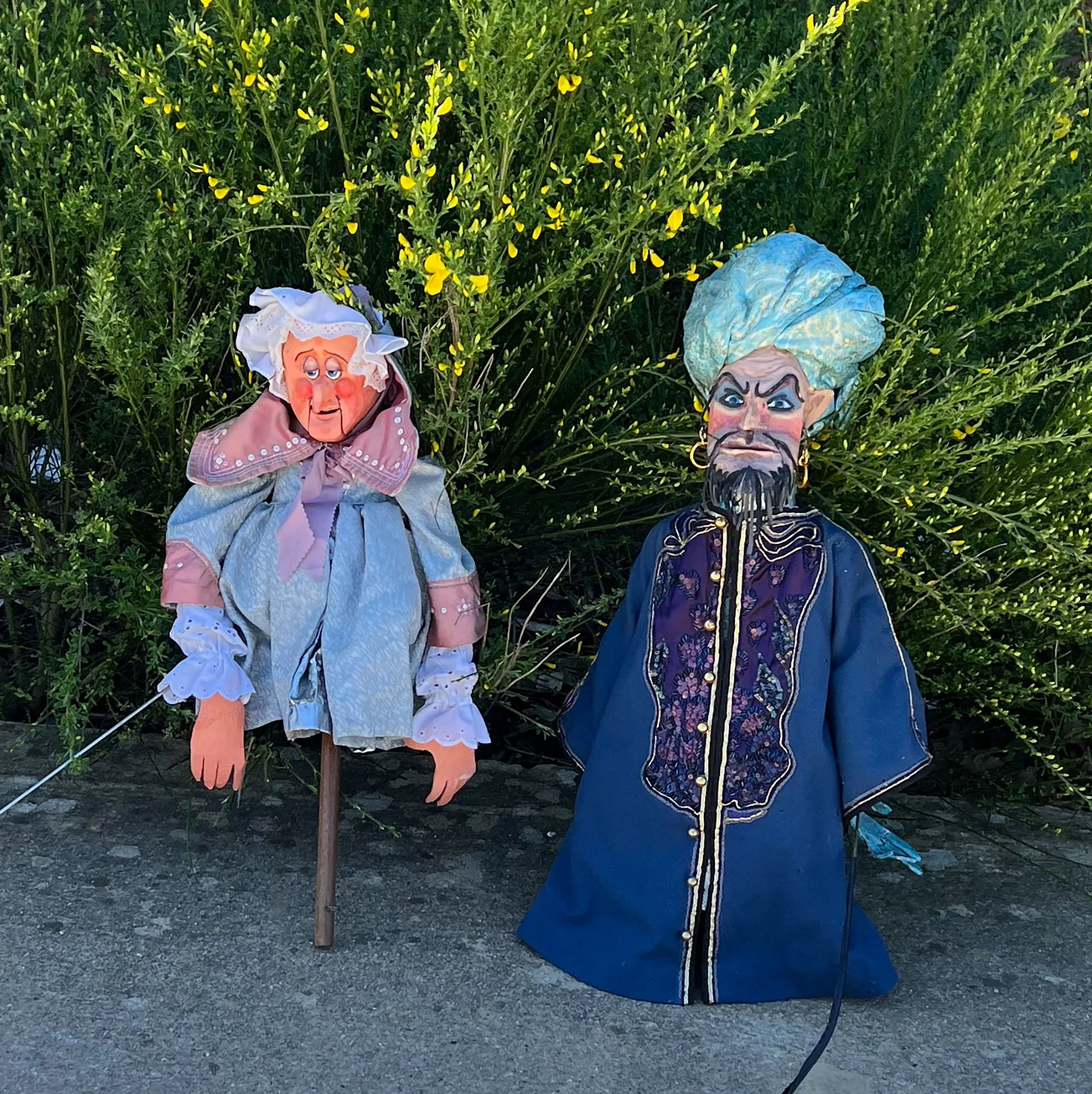 Pair hand built, mixed media, character hand and rod puppets