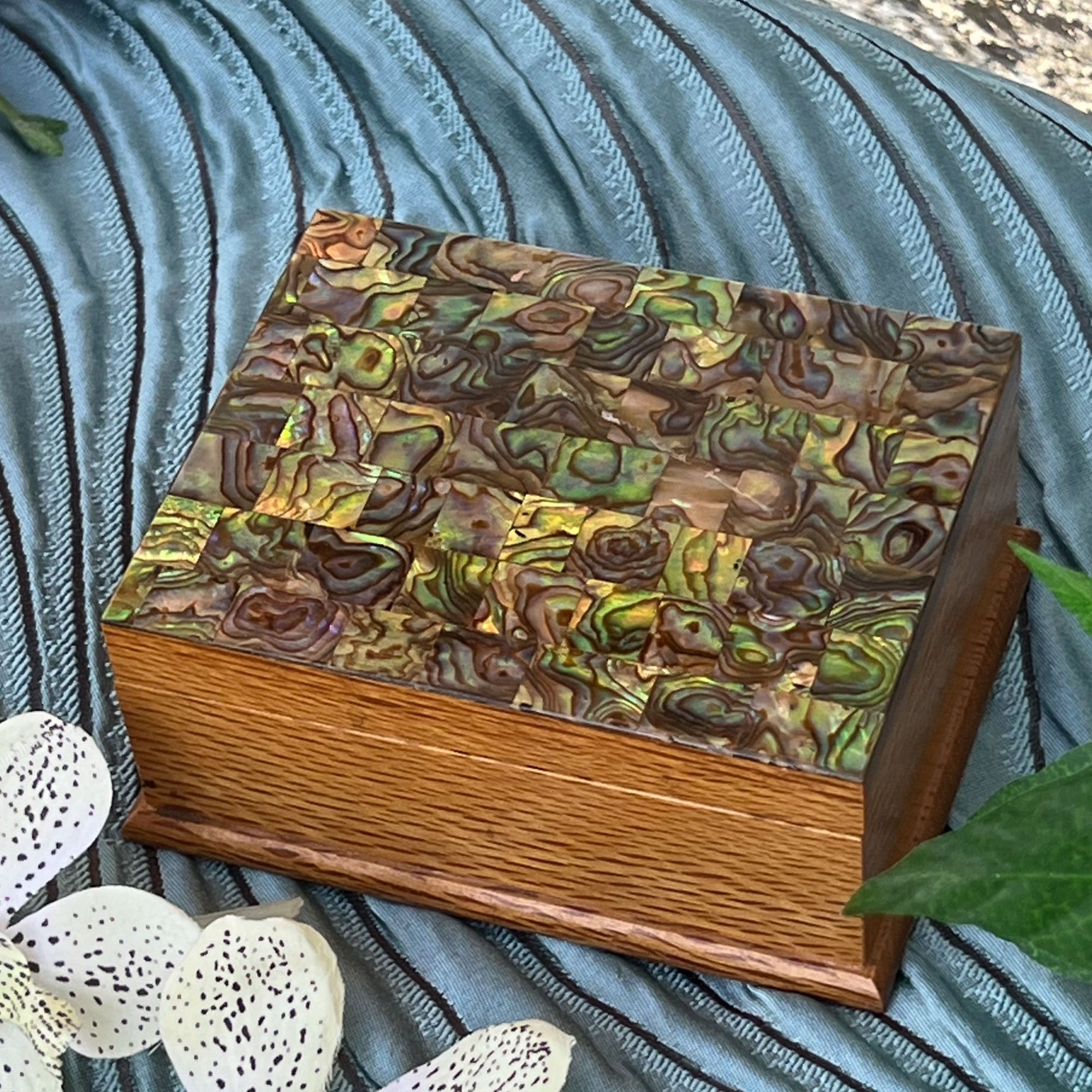 Wood box with abalone shell to lid