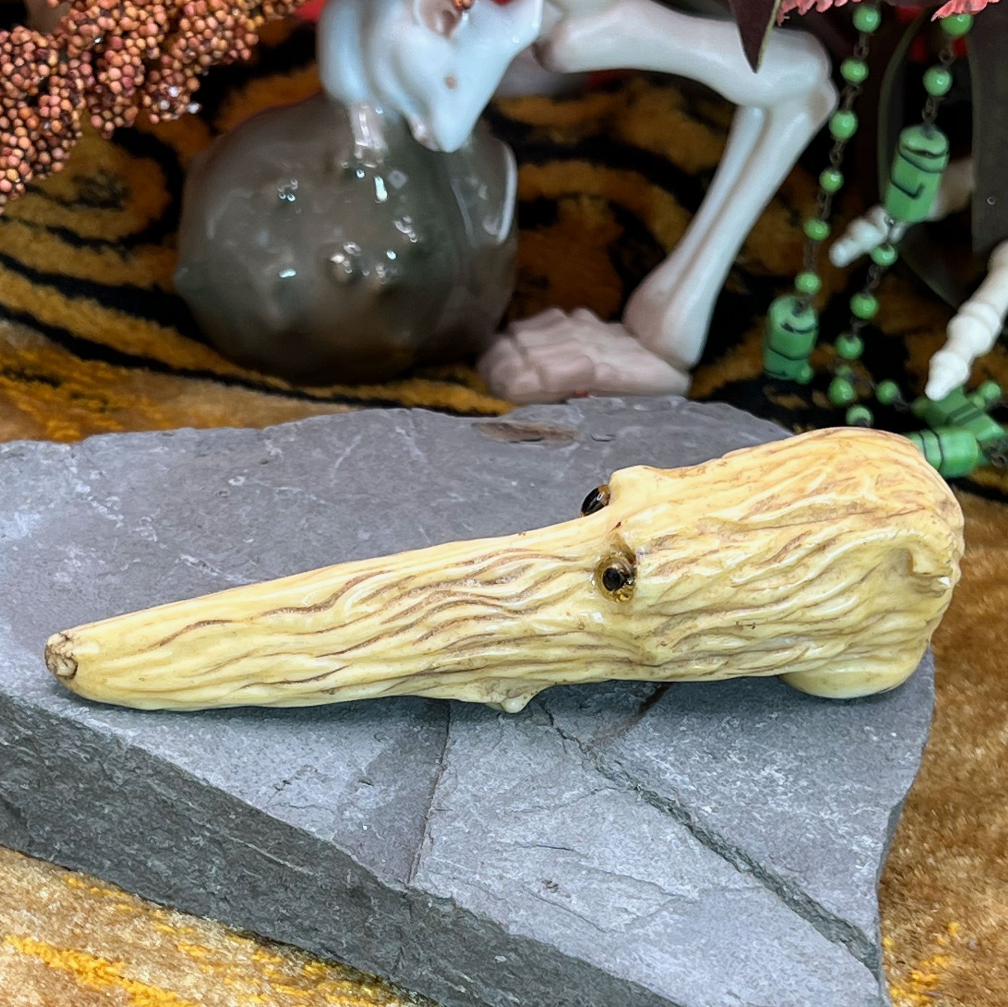 Carved bone dog head walking stick handle