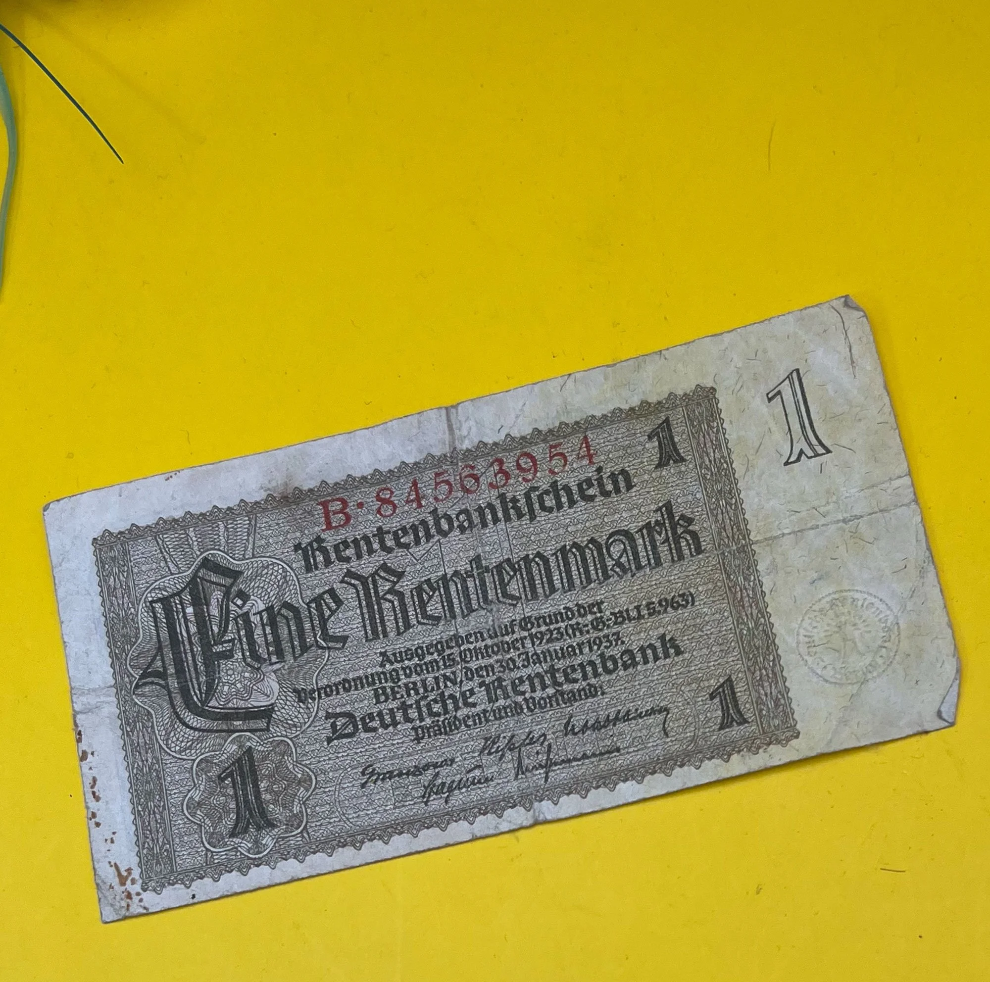 1937 German Eine Rentenmark Banknote