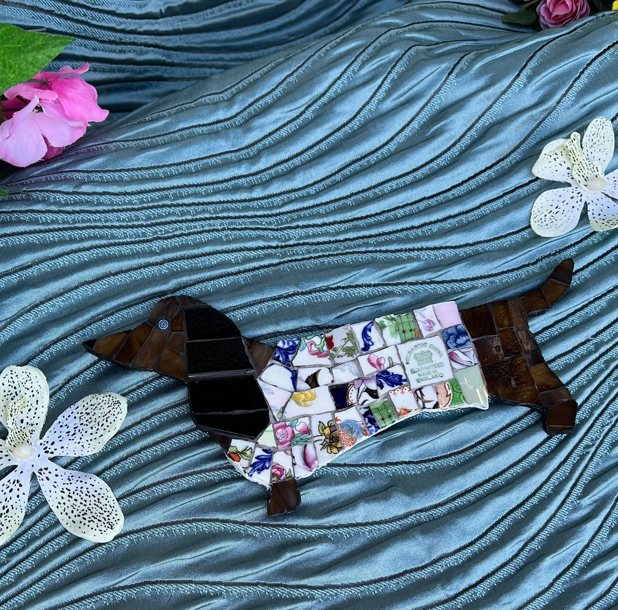 Handcrafted mosaic china sausage dog