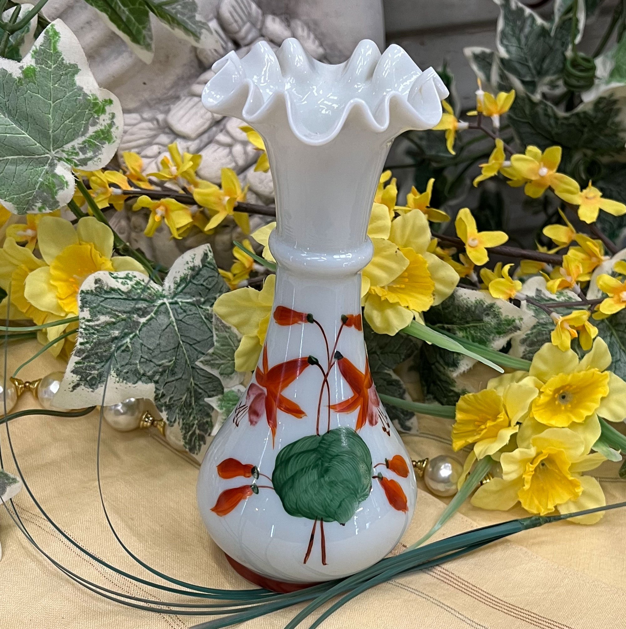 Hand painted opaline glass vase
