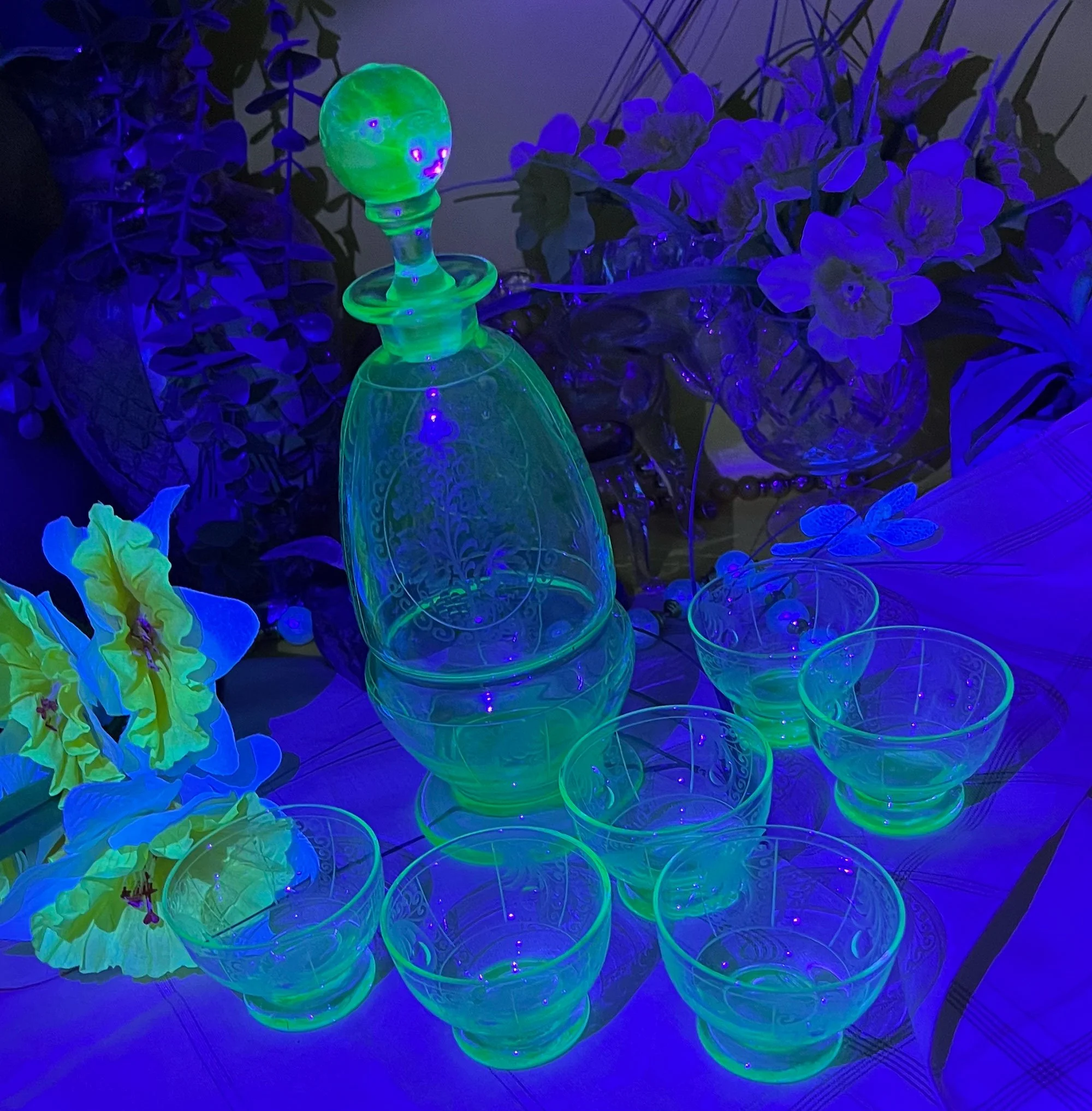 Uranium glass decanter set