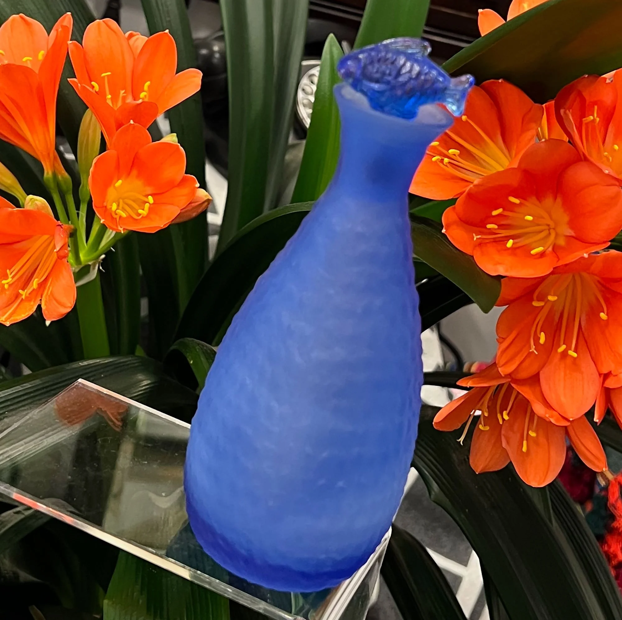 Blue Glass Bottle With Fish Stopper