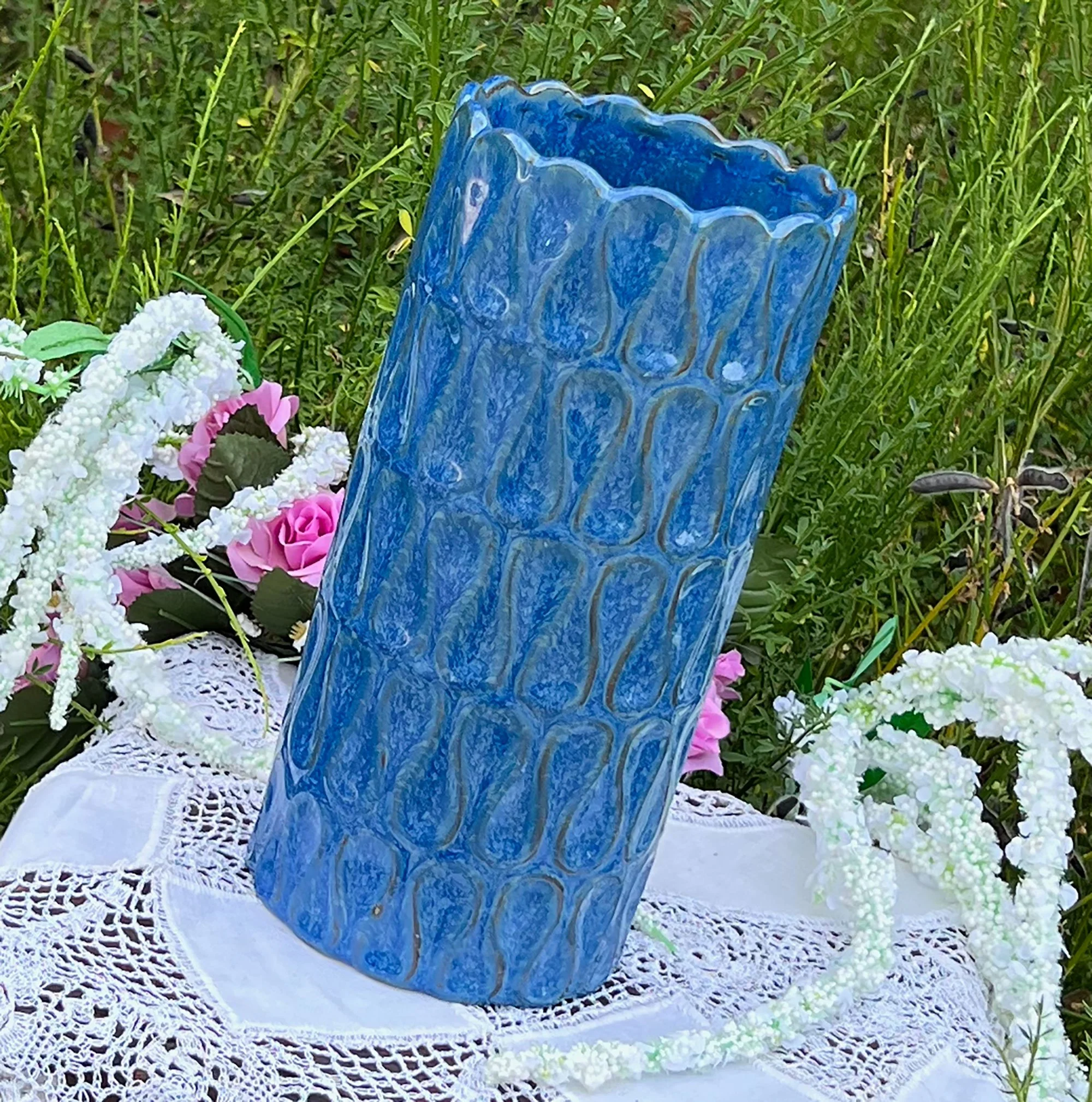 Large Blue Textured Pottery Vase