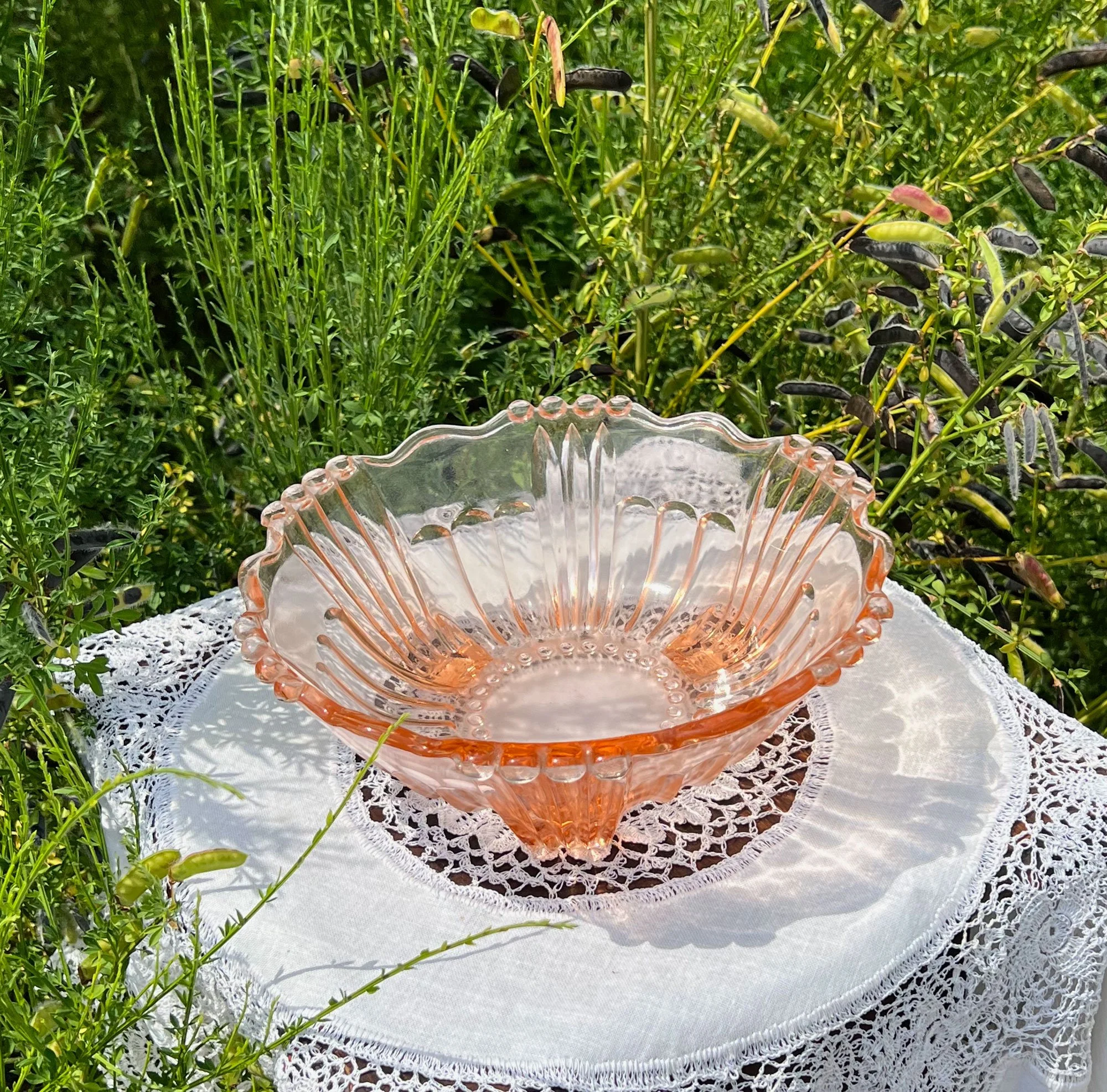 Salmon Pink Pessed Glass Bowl