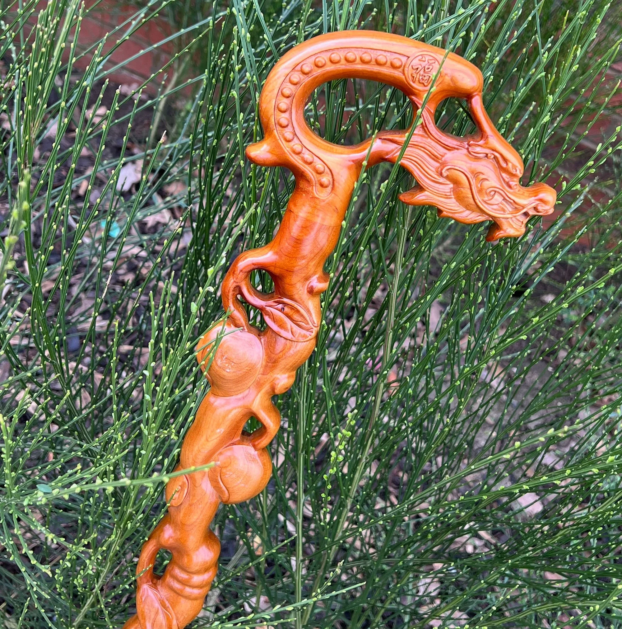 Carved wood, dragon walking stick