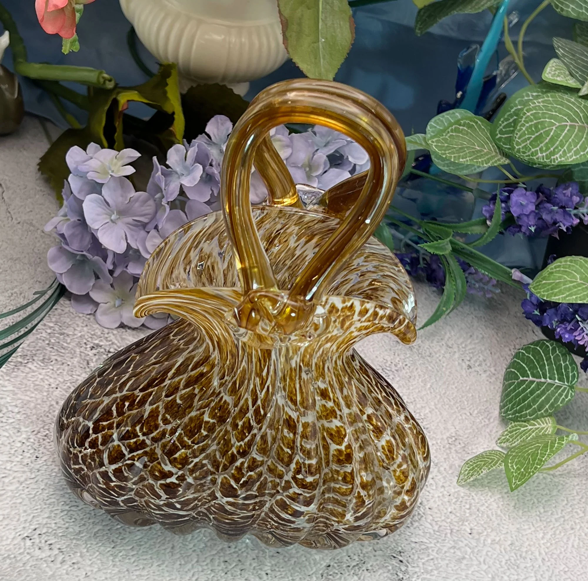 Amber coloured art glass handbag vase