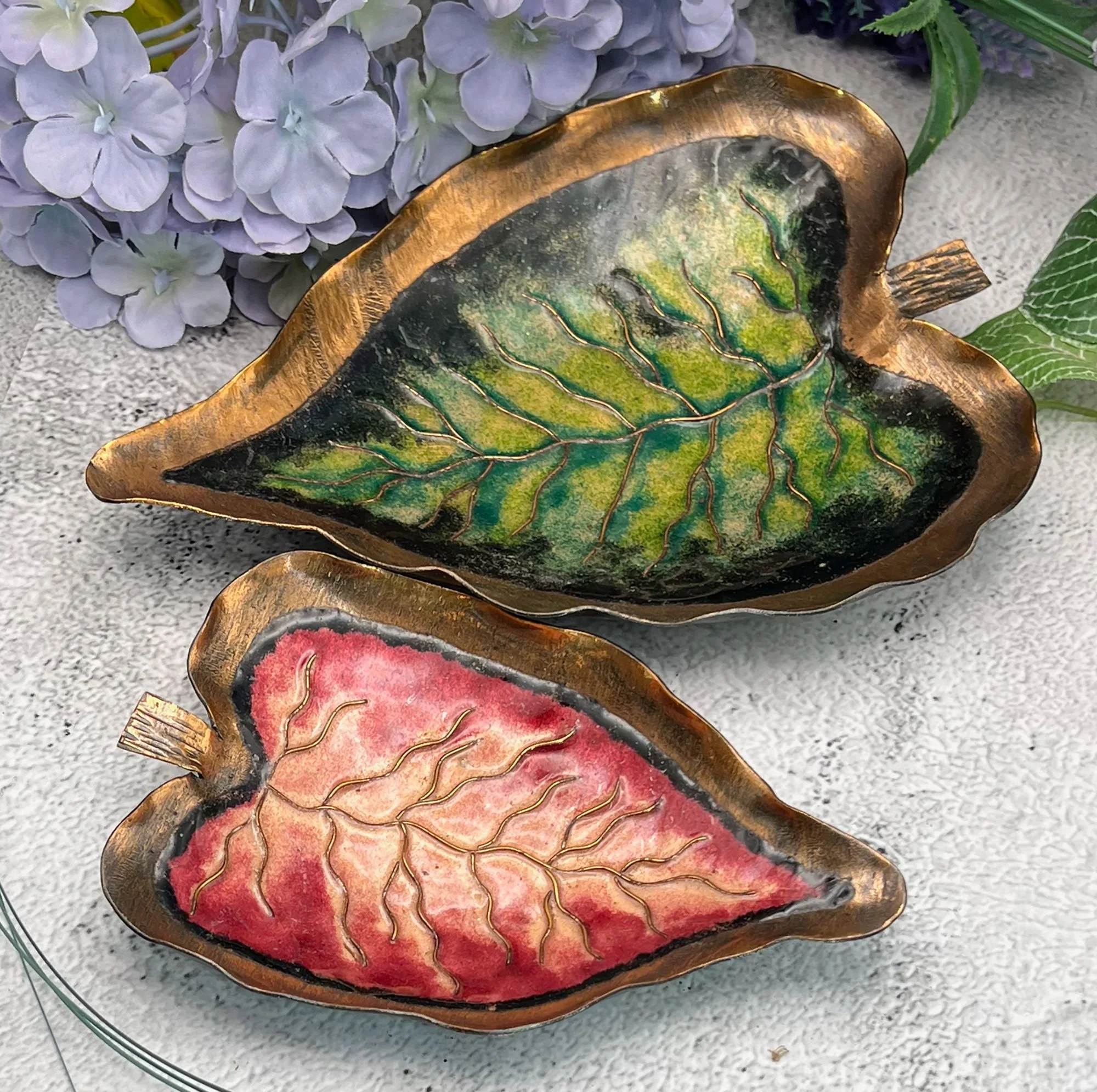 Enamel on metal leaf dishes
