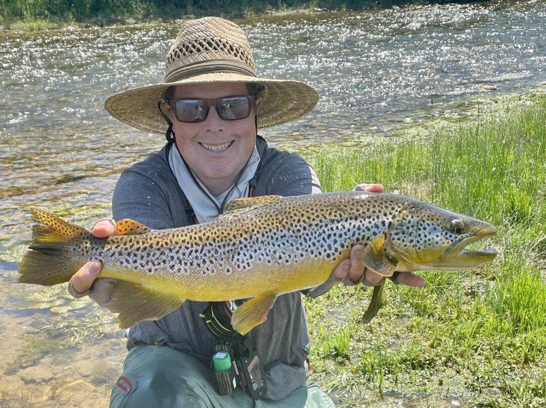 Our return guest, Chas, with a big brown caught on a hopper last week!! #threemilelodge #browntrout #bighornriver