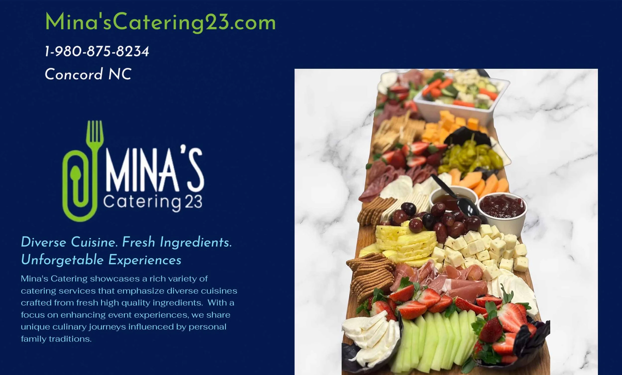 A promotional flyer for Mina's Catering, featuring their website, phone number, and location in Concord, North Carolina. The flyer shows a charcuterie board with various cheeses, fruits, crackers, vegetables, and dips on a marble surface background.