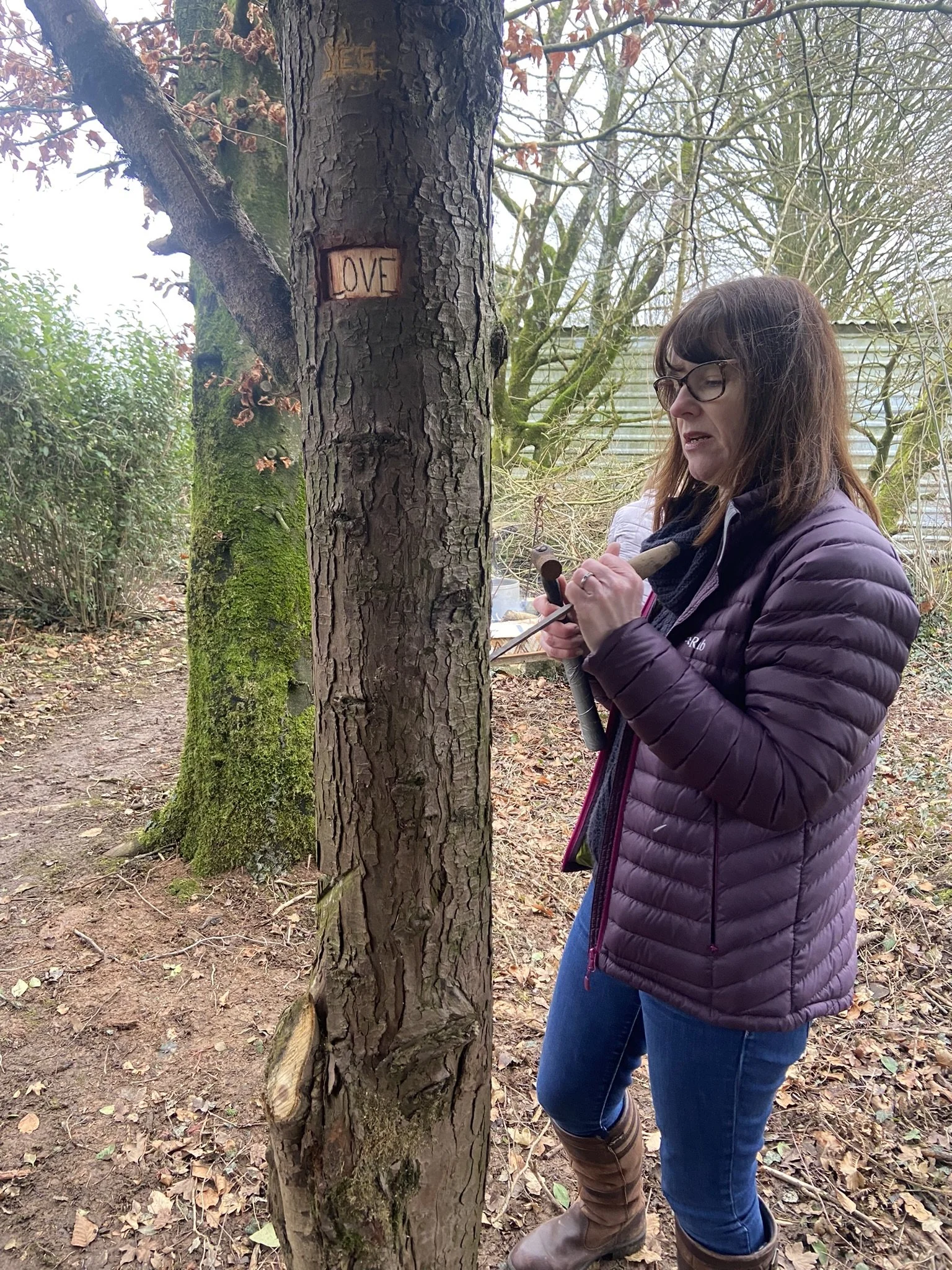 A woman with glasses and brown hair, wearing a purple puffer jacket and jeans, is outdoors carving or inspecting a tree with moss and a sign that reads 'LOVE' on it. There are other trees and bushes in the background.