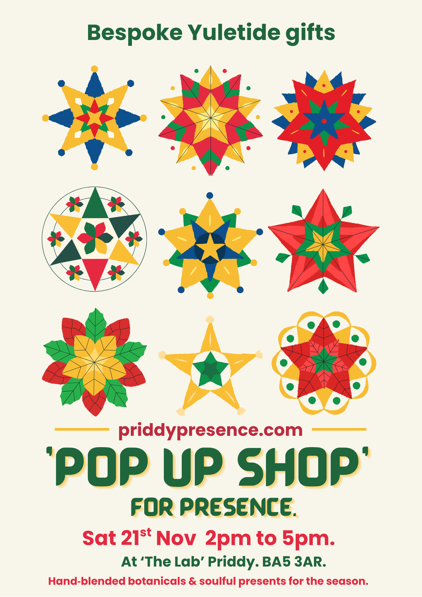 Poster for a Christmas event titled 'Pop Up Shop' for Priddy Presence featuring colorful, decorative Christmas stars. The event is scheduled for Saturday, November 21st, from 2 pm to 5 pm at The Lab, Priddy, with handmade botanicals and soulful presents.