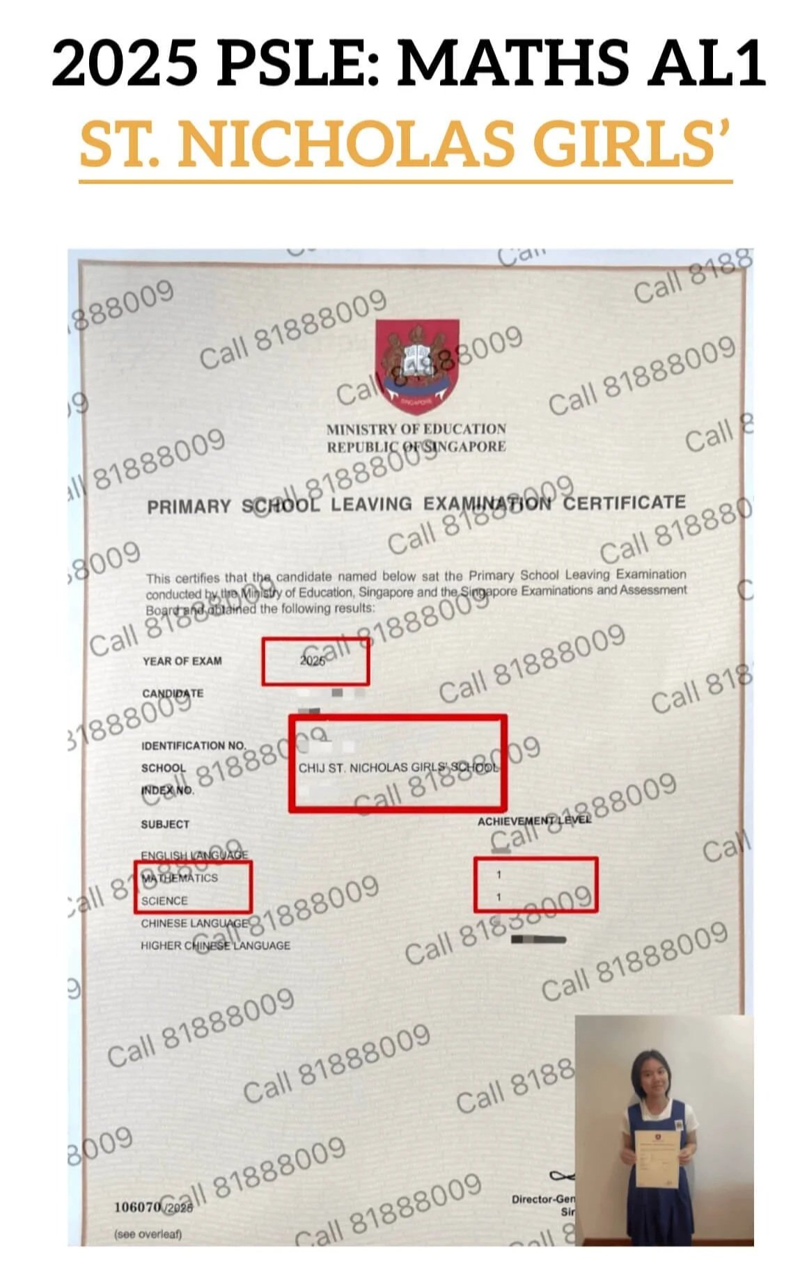 2025 OFFICIAL MOE PSLE CERTIFICATES SHOWING AL1 MATH RESULTS BY OUR STUDENT FROM ST. NICHOLAS GIRLS' SCHOOL