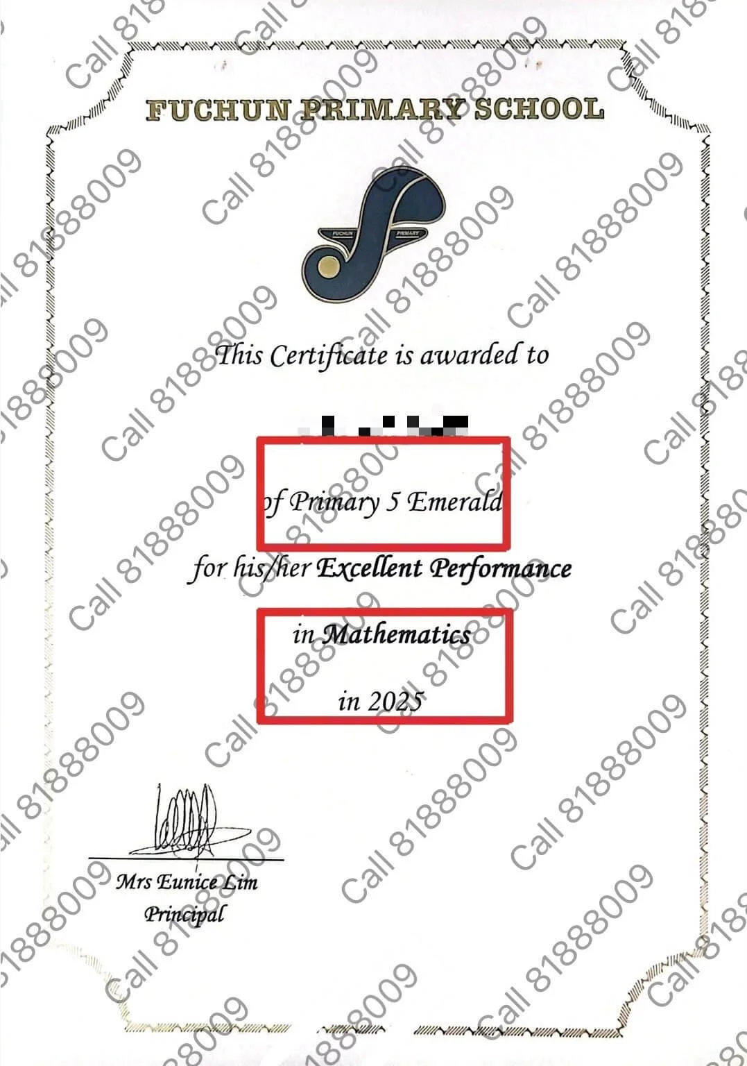 Official Fuchun Primary P5 BEST IN MATH AWARD 2025