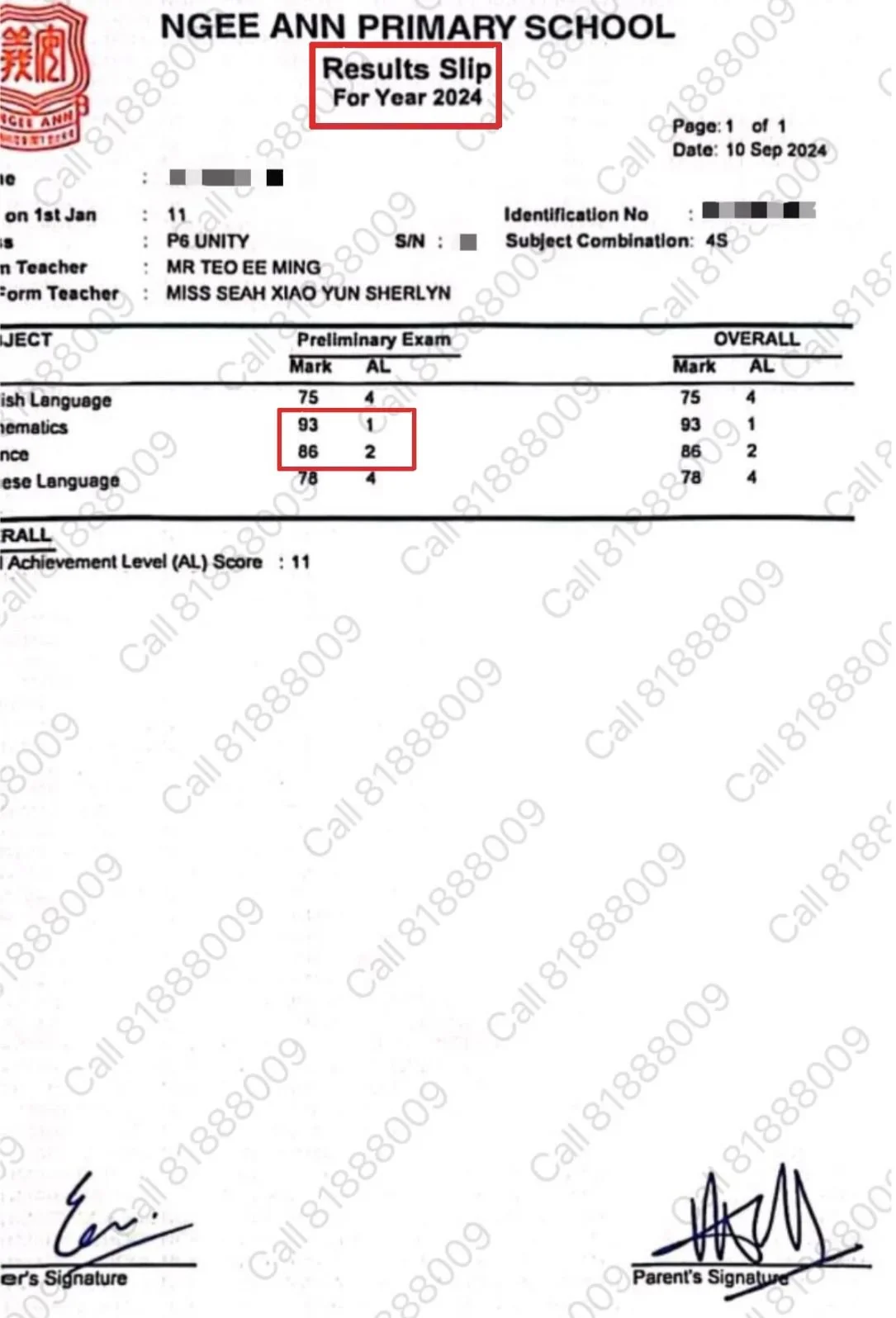Official Ngee Ann Primary School P6 result slip showing an F9 to A1 Academy student's top AL1 (93%) Mathematics score in the year-end Preliminary Examination