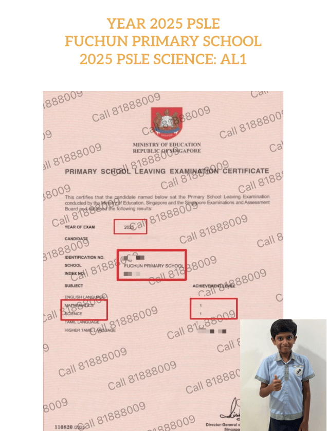 PSLE cert from Fuchun proves AL1 science score via F9 to A1 Academy LEAP™ science answering technique framework 