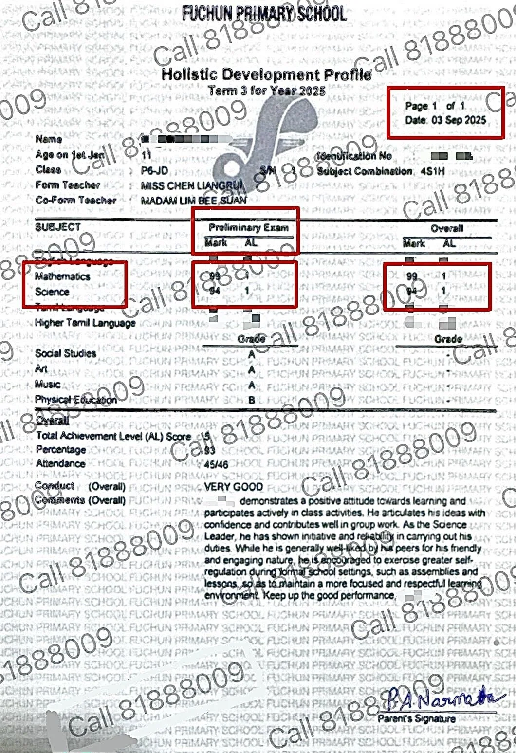 Official Fuchun Primary School P6 result slip showing an F9 to A1 Academy student's top AL1 (99%) Mathematics score in the year-end Preliminary Examination