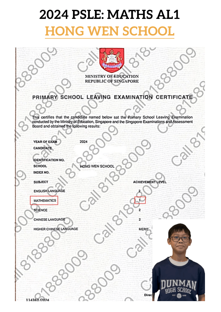 2024 OFFICIAL MOE PSLE CERTIFICATES SHOWING AL1 MATH RESULTS BY OUR STUDENT FROM HONG WEN SCHOOL