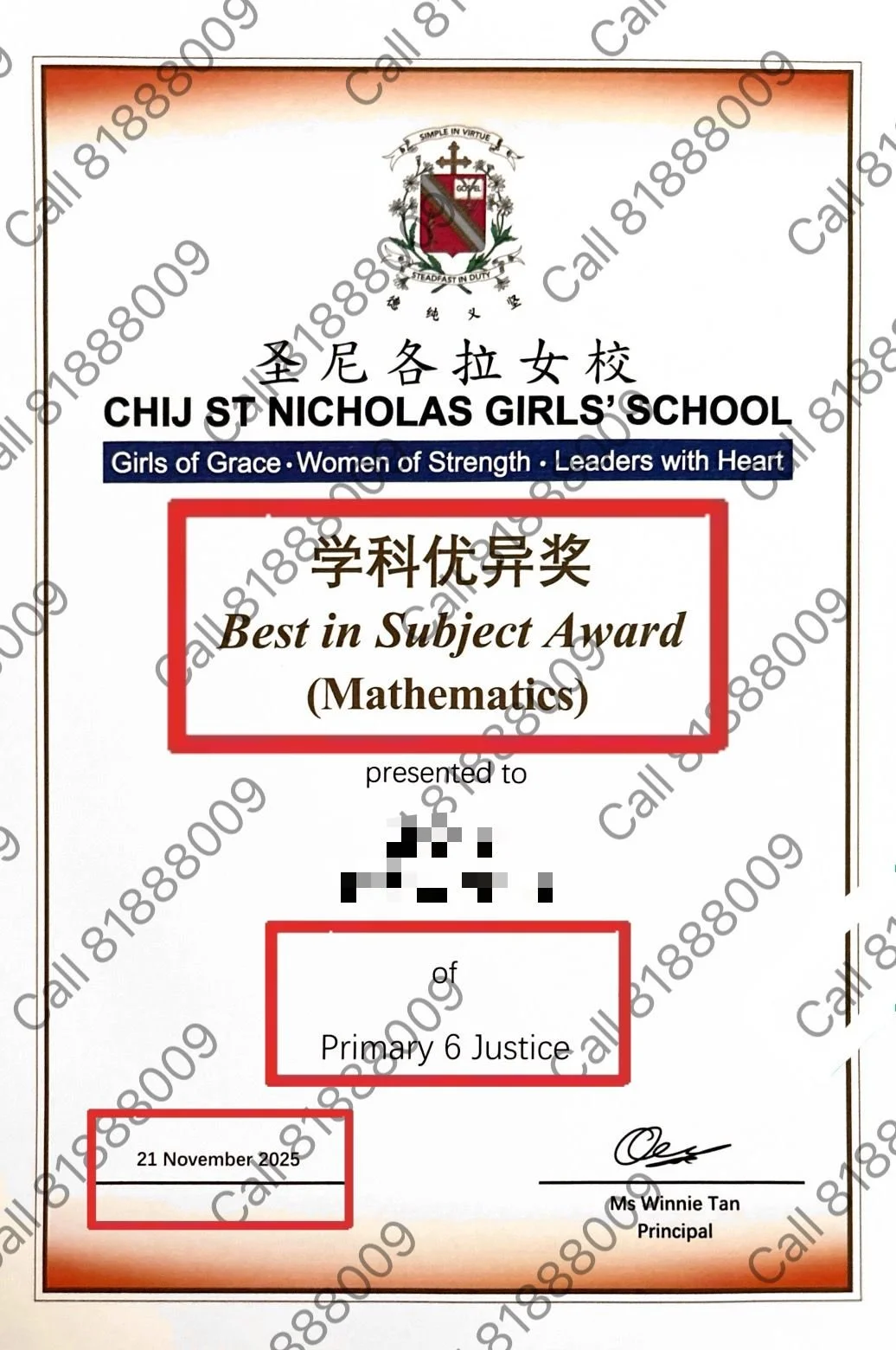 P6 Best in Math Award 2025 for top P6 math student in cohort at St. Nicholas Girls' School achieving top maths award through F9 to A1 Academy