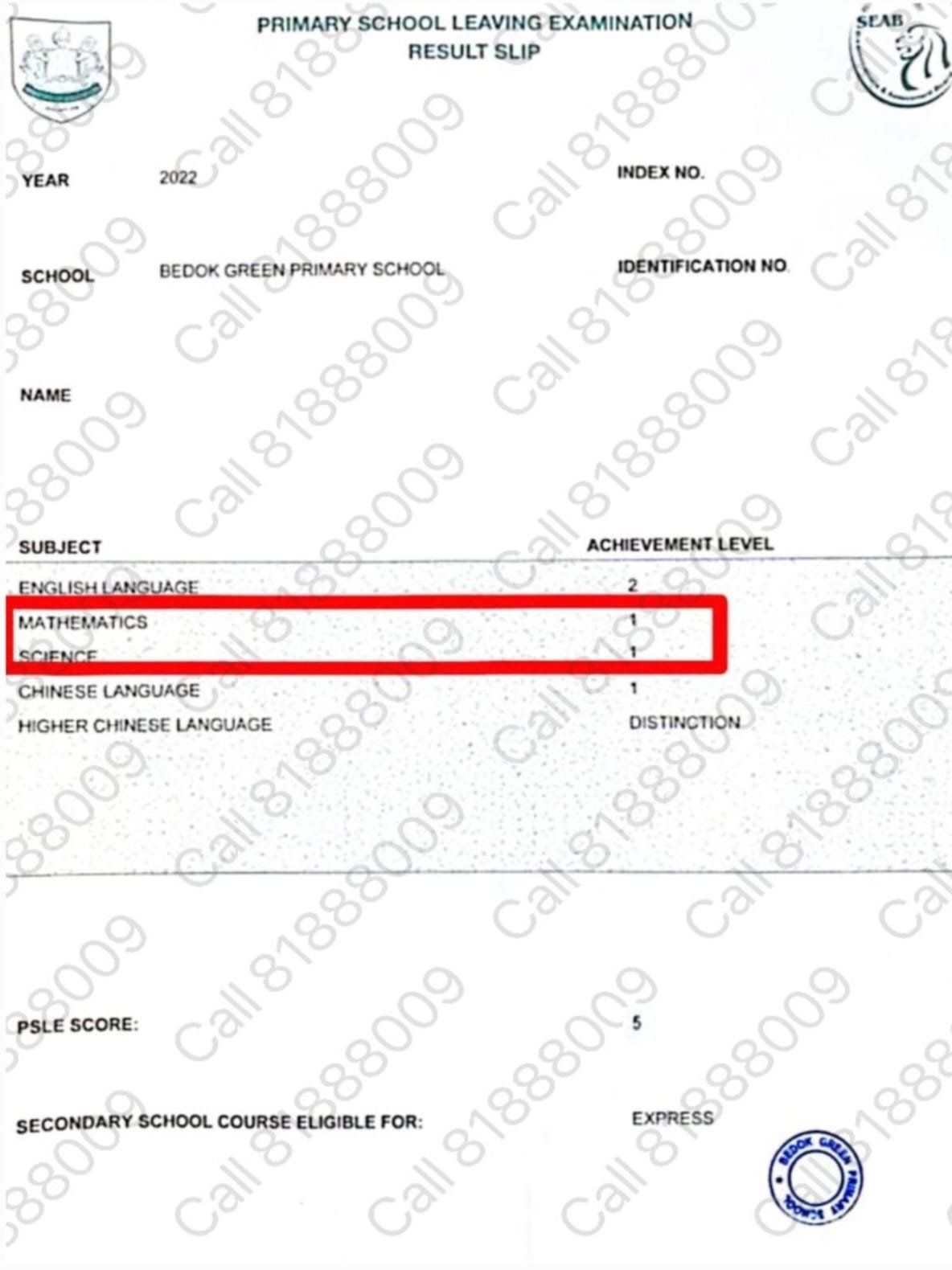 Official Bedok Green Primary School 2022 PSLE Certificate AL1 Science Grade achieved via F9 to A1 Academy LEAP Answering Technique Framework