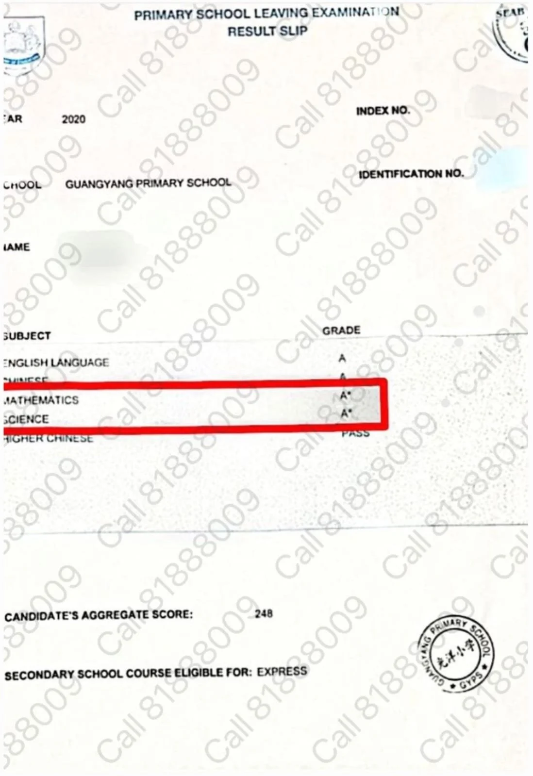 Official Guangyang Townsville Primary School 2020 PSLE Certificate A* Science Grade achieved via F9 to A1 Academy LEAP Answering Technique Framework