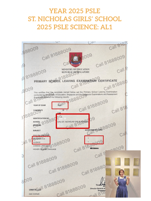 PSLE cert from SNGS proves AL1 science score via F9 to A1 Academy LEAP™ science answering technique framework 