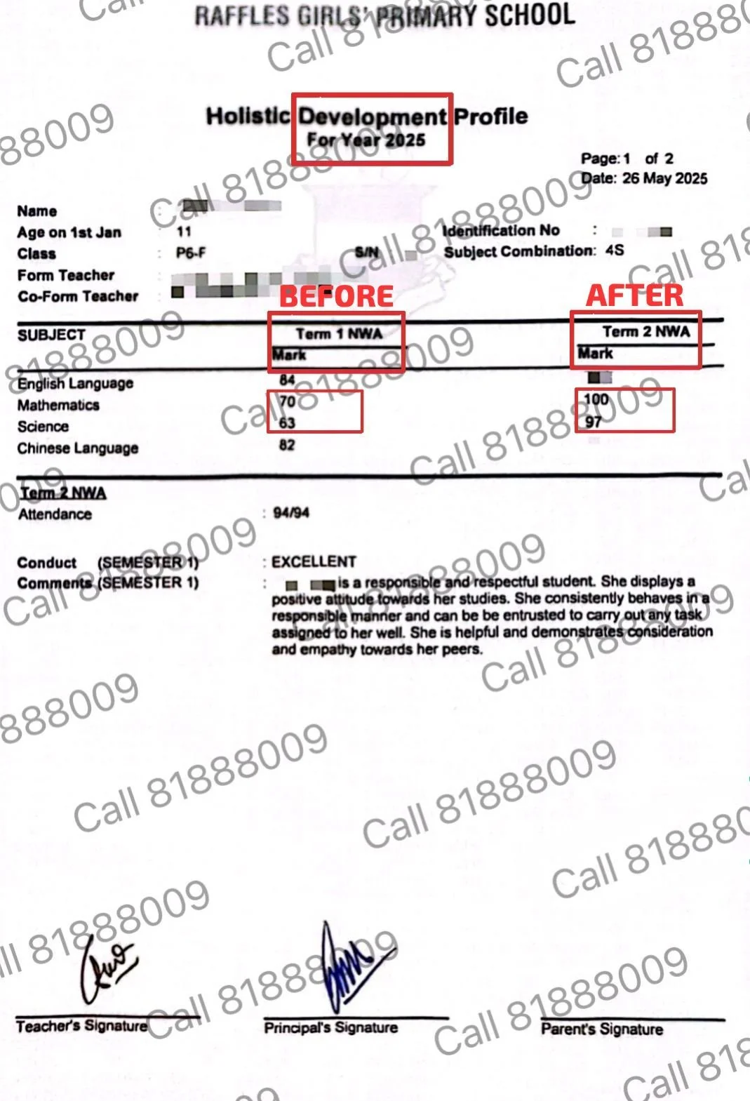 Official RGPS result slip showing an F9 to A1 Academy student's rapid grade jump from AL5 to a top AL1 within just 2 months.