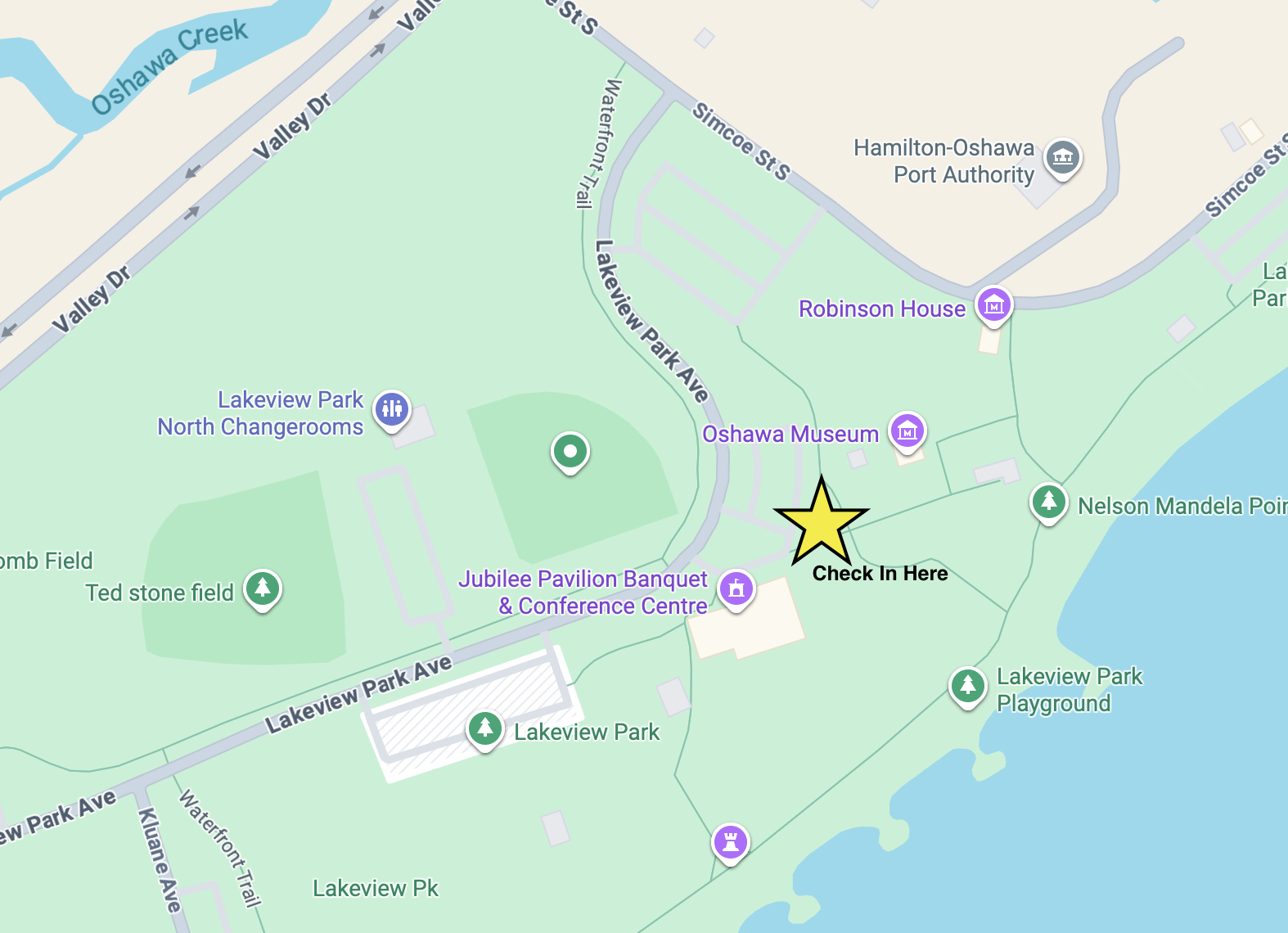 Map of Lakeview Park showing the meeting location for the event at the parking lot closest to the Oshawa Museum