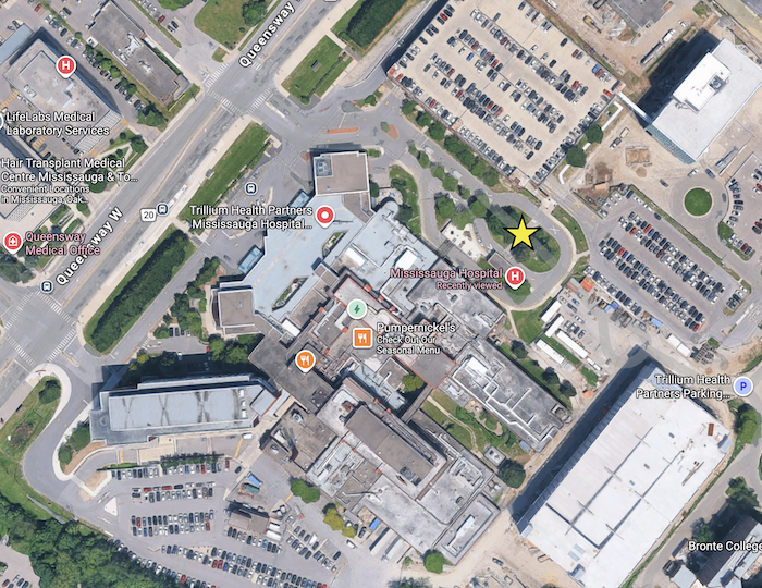 Google map showing the meeting location for a research cleanup at Mississauga Hospital marked by a yellow star at the main entrance of the hospital.