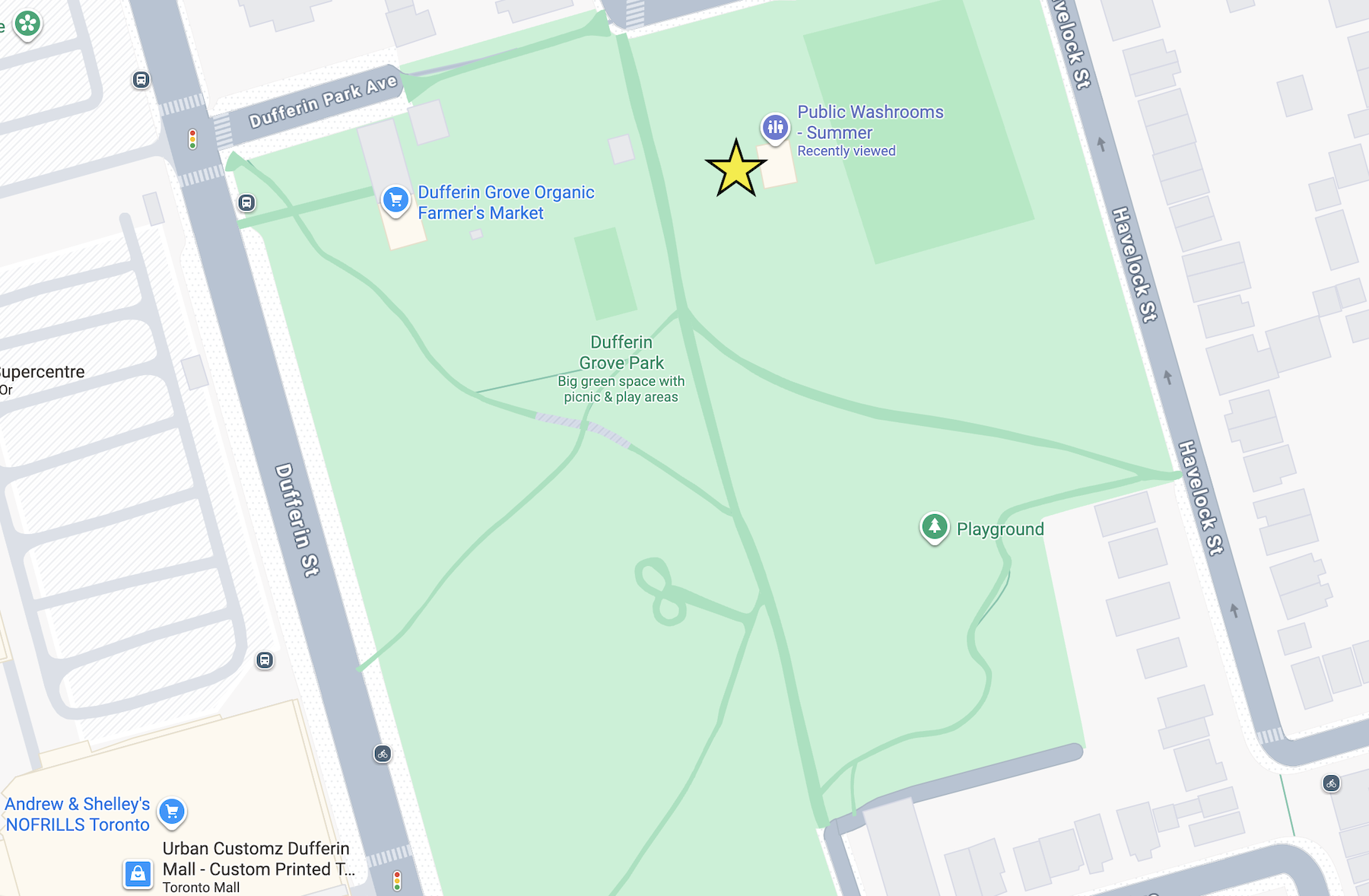 Google map of Dufferin Grove Park with a yellow star marking the meeting location for public cleanup events in front of the public washroom.